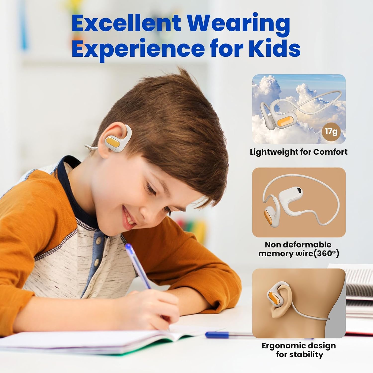Kids Air Conduction Wireless Headphones with Mic,Bluetooth 5.2, 85dB Volume Hearing Protection,10H Playtime with USB Fast Charging,Lightweight Open-Ear Design (White) - Image 2