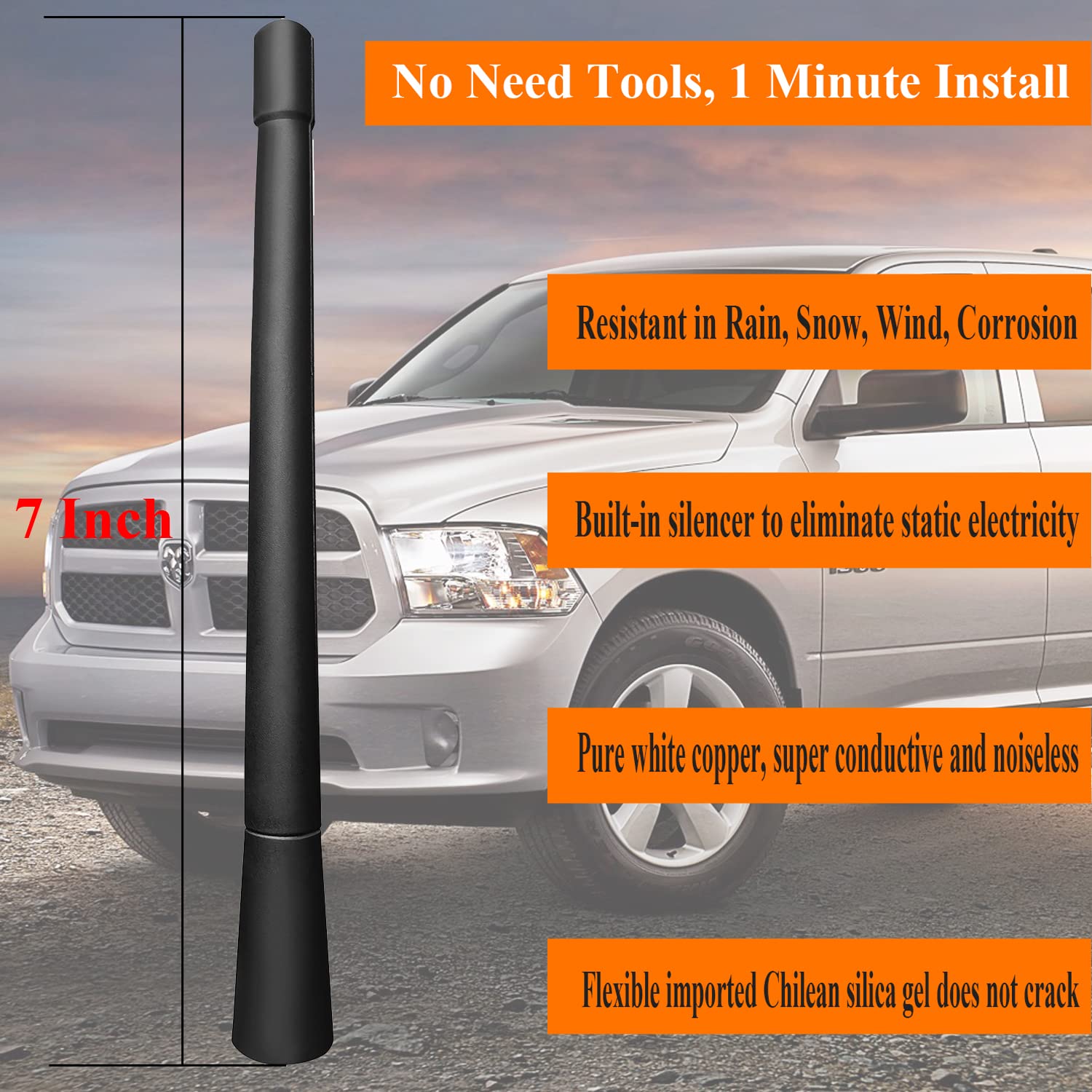 7 Inch Short Stubby Black Antenna For Dodge Ram 1500 2500 3500 2009-2021 | Easy 1-Minute Install, No Tools Needed | AM/FM Signal, Stiff Rubber