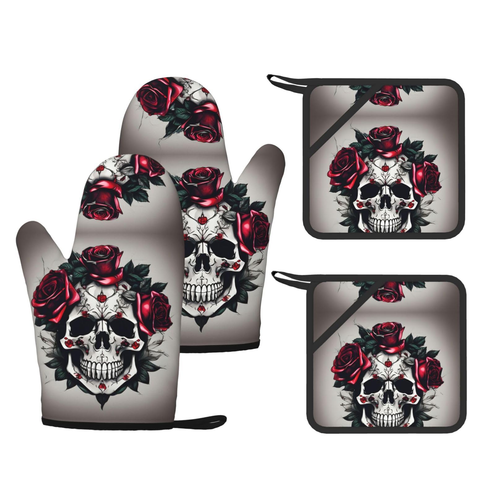 Red Rose Skull Printed Pot Holders and Oven Mitts 4-Piece, Non-Slip Kitchen Gloves with Utensil Pocket for BBQ