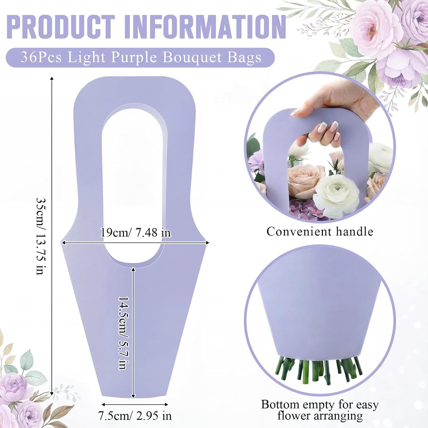 Faccito 36 Pcs Kraft Paper Flower Bouquet Bags with Handle Bulk Mother's Day Flower Wrapping Paper Gift Bags for Wedding Thanksgiving Bridal Shower Birthday Party Home Decoration(Light Purple)