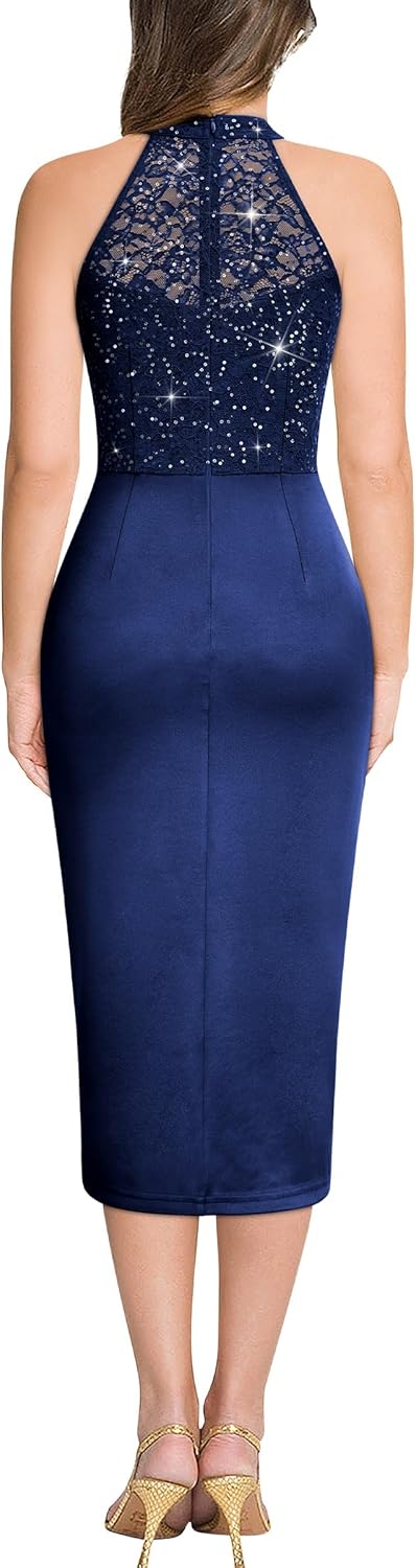 Miusol Women's Sexy Sleeveless Satin Contrast Sequin Lace Bridesmaid Party Dress - Image 2