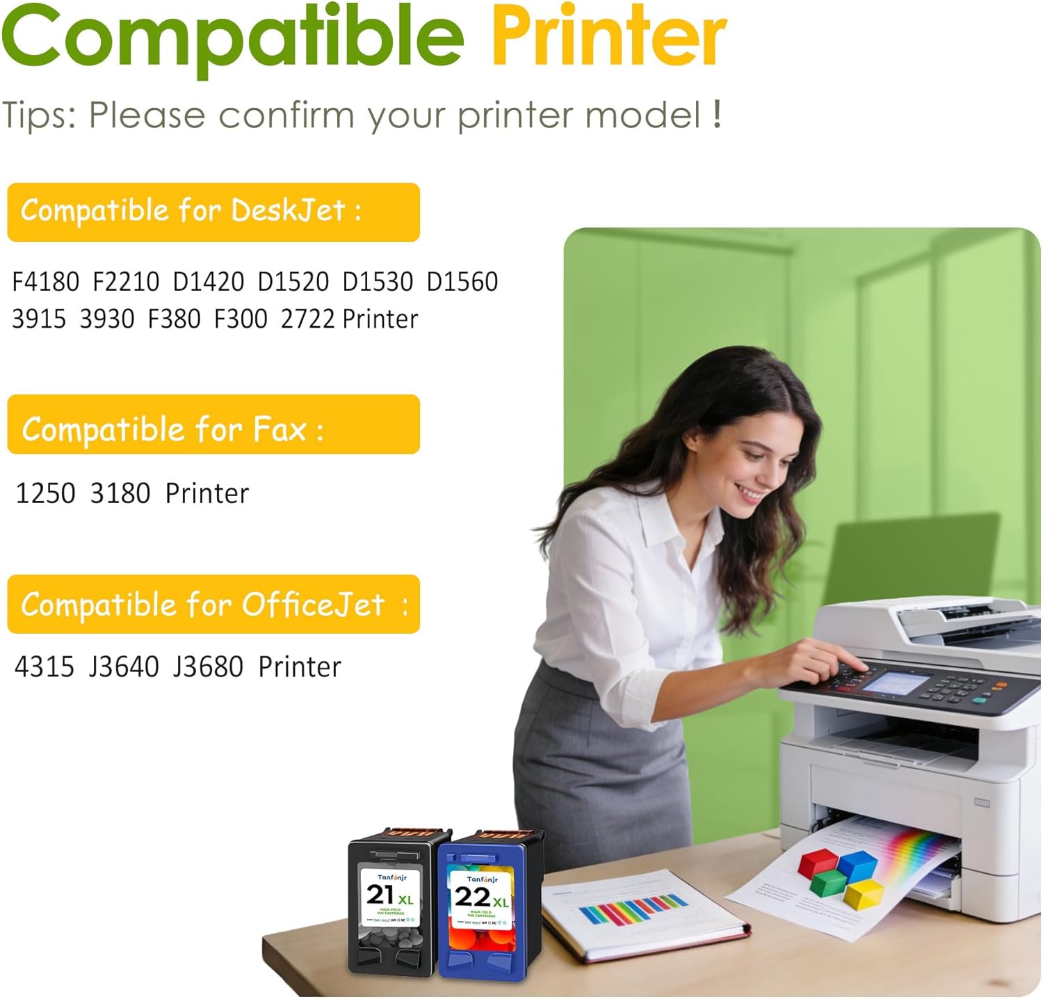 21XL 22XL Ink Cartridge Combo Pack Remanufactured for HP Ink 21XL 22XL 21 22 Word with DeskJet F4180 F2110 D1560 Officejet 4315 J3680 4315Y FAX 1250 3180 Printer (Black Tri-Color,2 Pack)