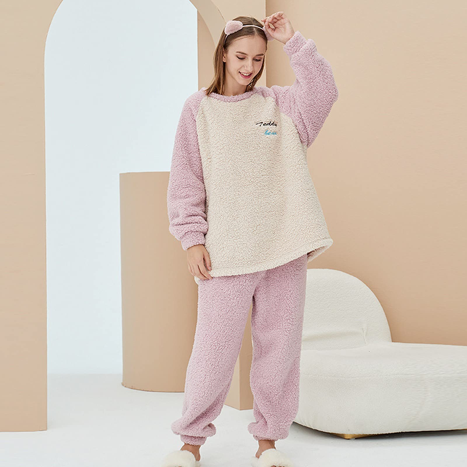 CMBSSTFC Warmer Flanell-Pyjama für Damen, kuschelig Warmer Damen-Pyjama, Winter-Pyjamahose + Langarm-Pullover, kuscheliger Anzug, Zweiteiliger Fleece-Pyjama, Flauschiger Hausanzug für Mädchen