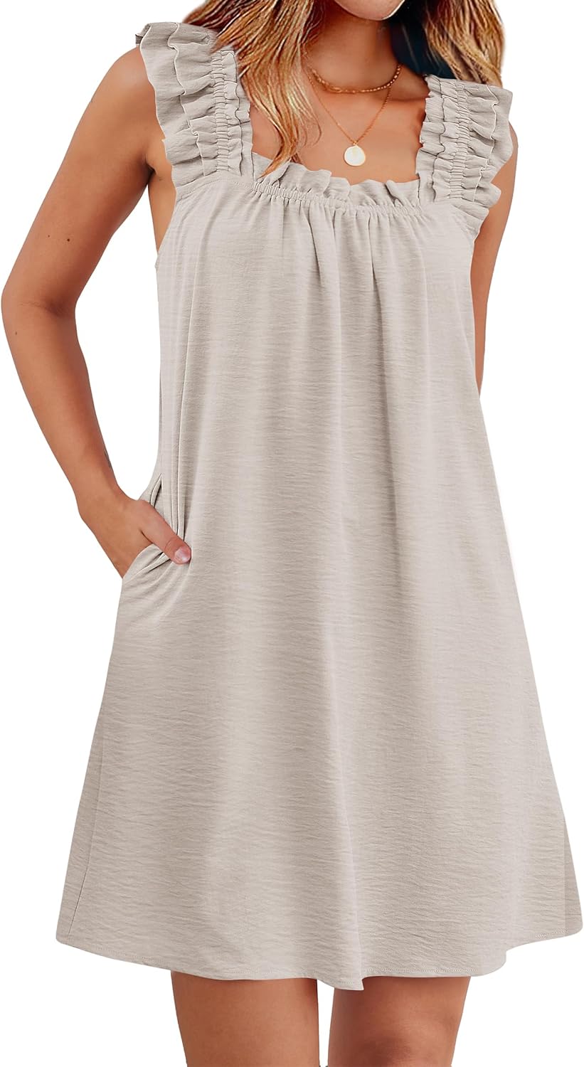 ANRABESS Summer Dress for Women 2026 Casual Sleeveless Square Neck Ruffle Strap Beach Vacation Sundress with Pockets