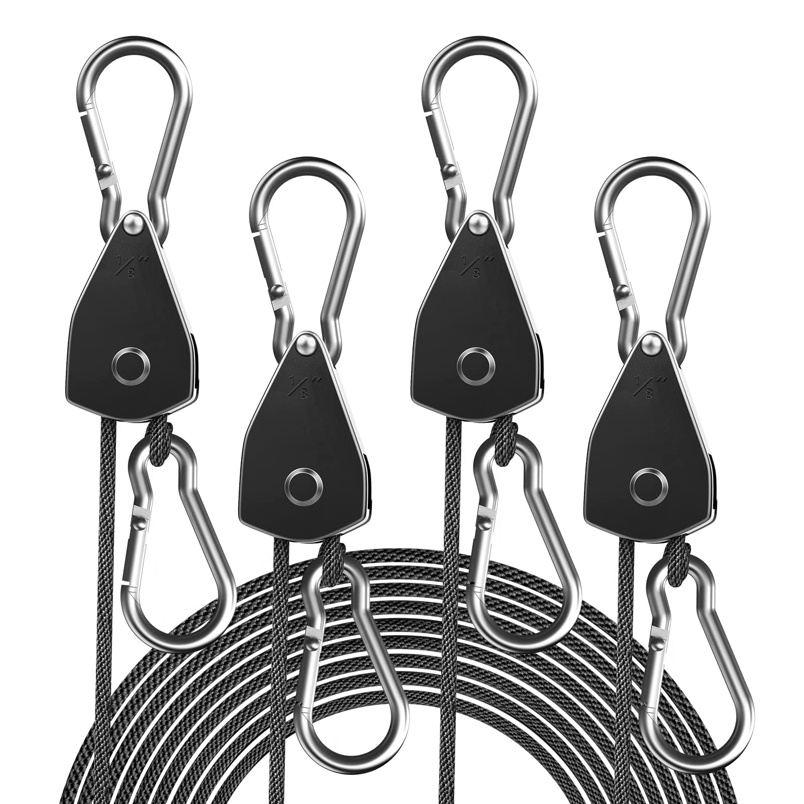 4-Pack 1/8" Adjustable Rope Hanger, Heavy Duty Ratchet Tie Down Strap with Reinforced Metal Gear, Adjustable Clothes line with Pulley for Camping Travel and Home Use
