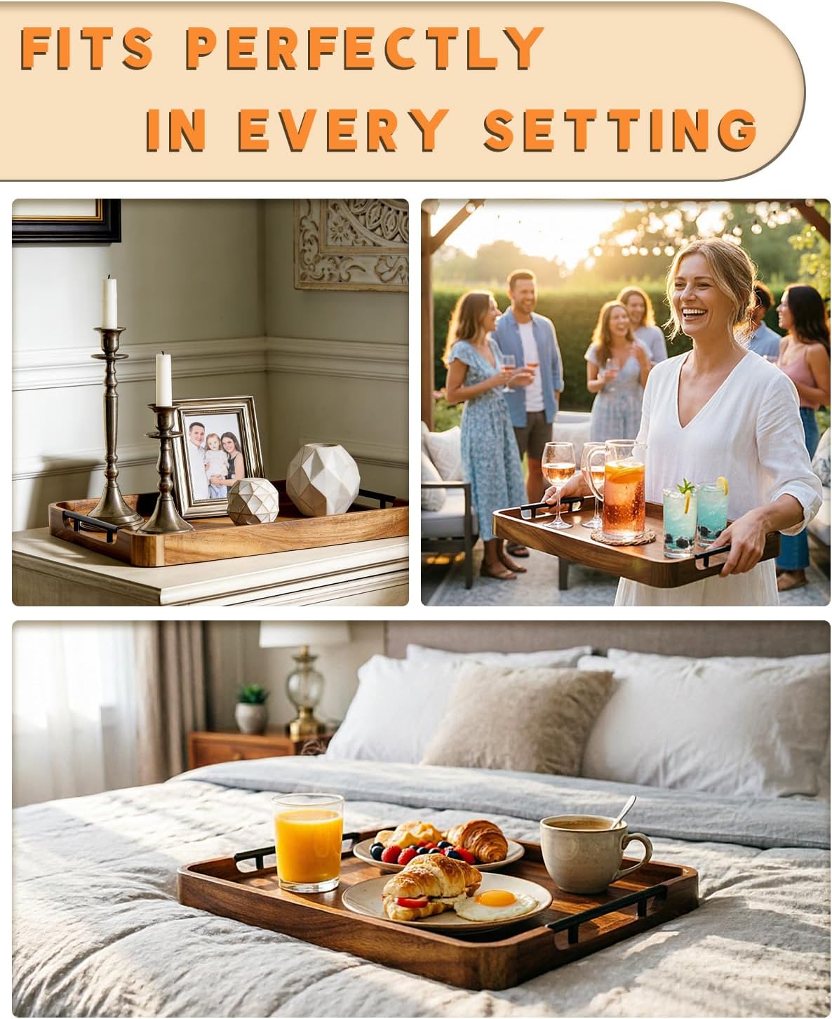 22" x 15.75" Acacia Wood Serving Tray with Metal Handles & Rounded Corners, Large Rectangular Wooden Ottoman Tray for Coffee Table, Living Room, Kitchen, Food Serving