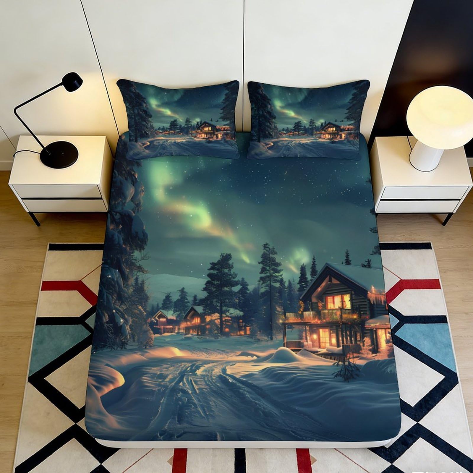 3D Printed Northern Lights Fitted Sheet Microfiber Soft Breathable Aurora Mattress Cover for Bedroom Dormitory Guest Room Mattress Protection Decor 160x200x25cm