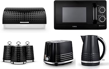 Tower Solitaire Black 1.5L 3KW Jug Kettle, 2 Slice Toaster, T24042BLK 800W 20L Manual Microwave, Bread Bin & Canisters. Modern Matching Kitchen Set of 7 in Black