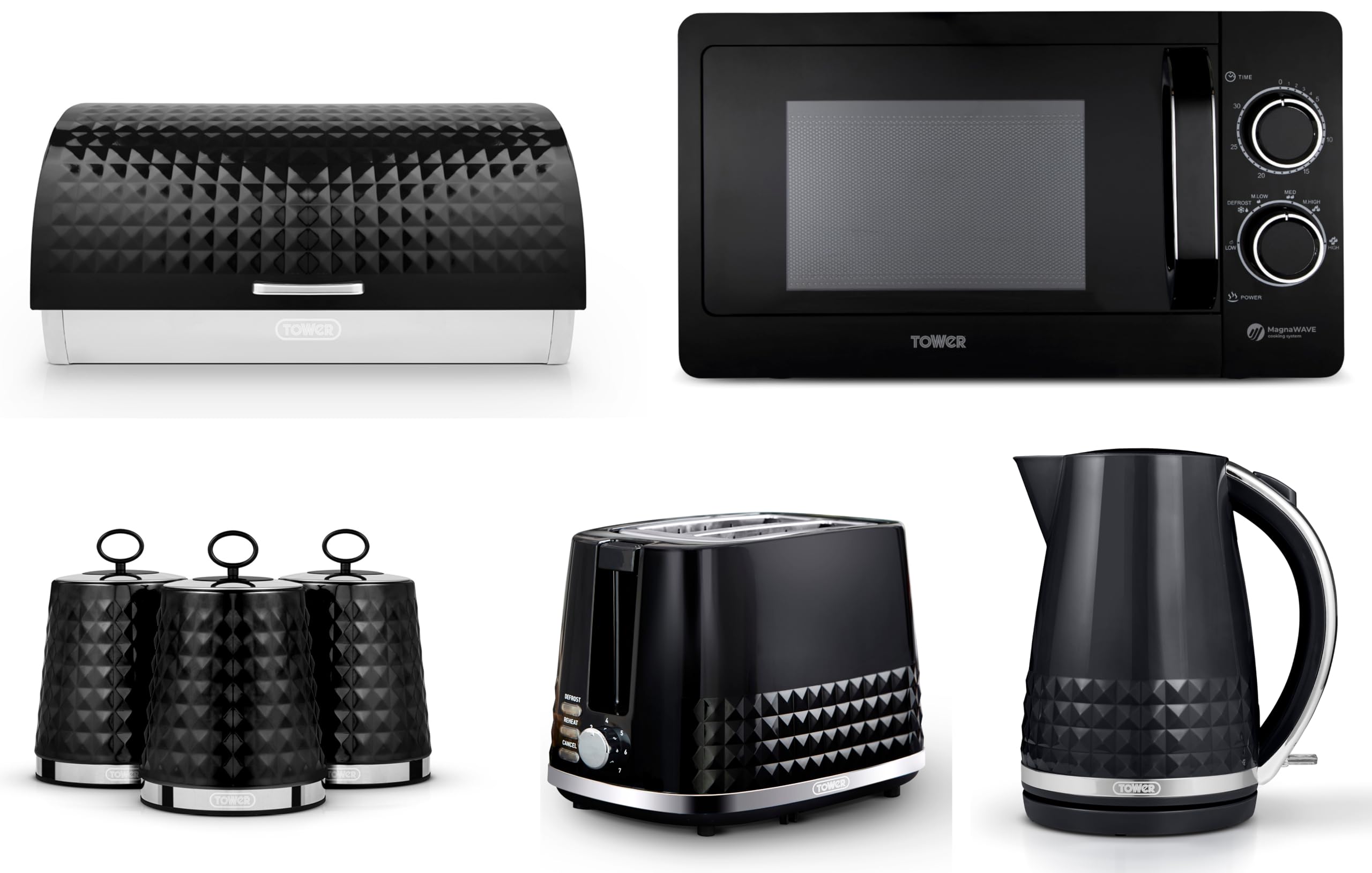 Tower Solitaire Black 1.5L 3KW Jug Kettle, 2 Slice Toaster, T24042BLK 800W 20L Manual Microwave, Bread Bin & Canisters. Modern Matching Kitchen Set of 7 in Black