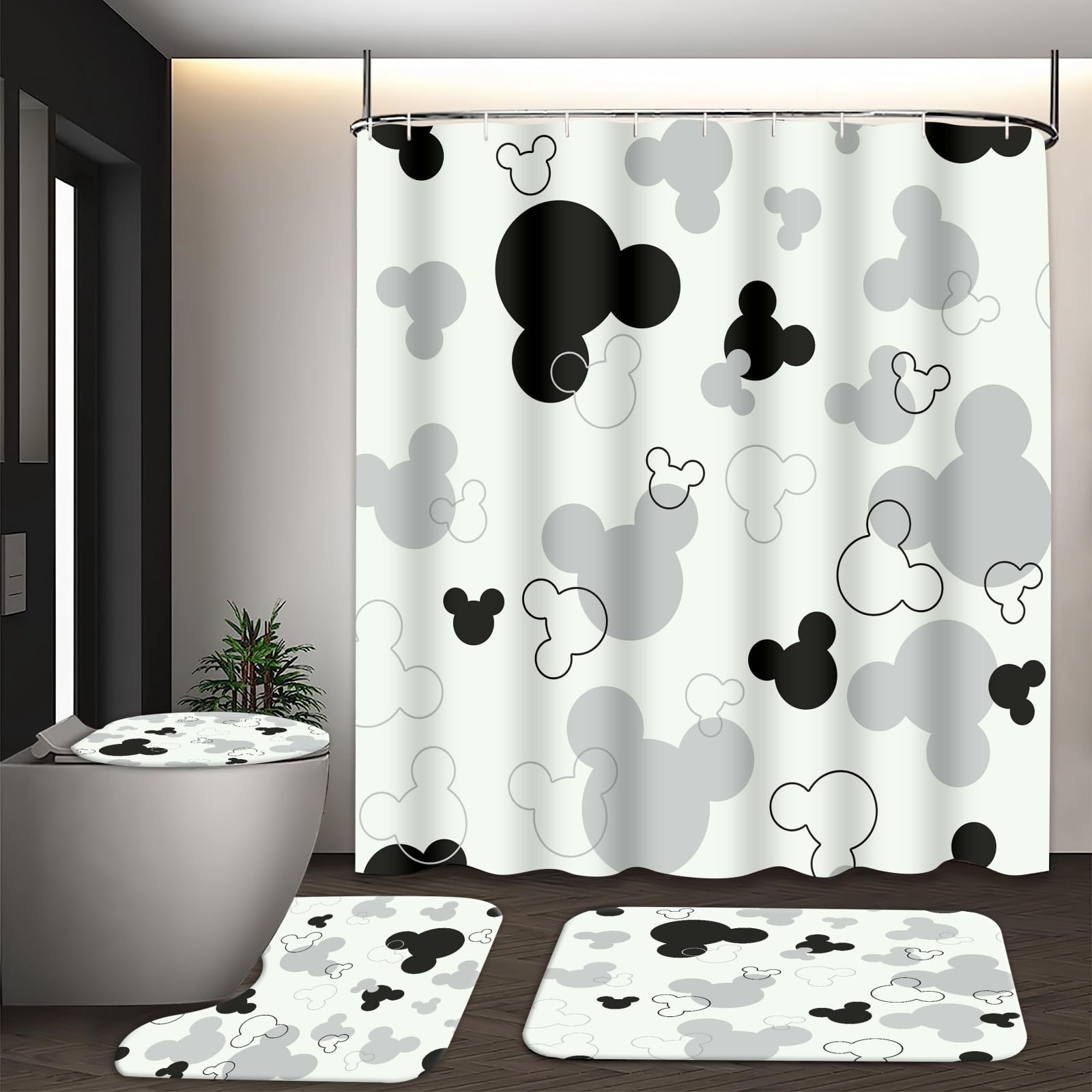FCBZDQ 4 Pcs Cartoon Shower Curtain Set with Rugs, Toilet Lid Cover and Bath Mat, Cute Shower Curtain with 12 Hooks, Durable Bathroom Decor Sets 72 x