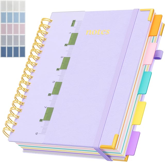 Line Hardcover Spiral Notebook with Removable Dividers Tabs & Ruler, 5 Subject Notebook College Ruled, 300 Page, Large 8"x10" B5 Notebooks for Work School, Lined Journal for Women, Light Purple