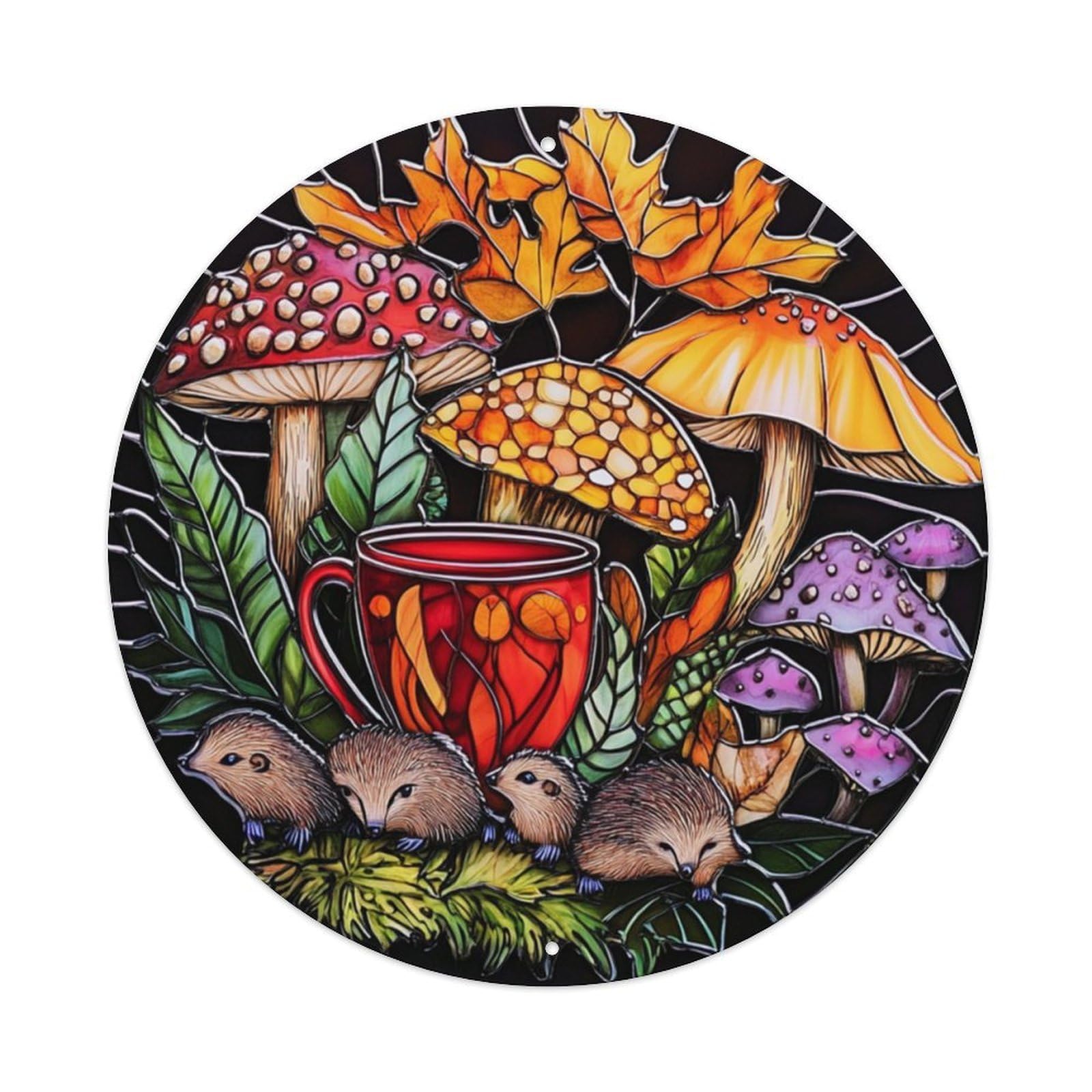 Stained Glass Style Mushrooms & Hedgehogs Round Decor Sign Vintage Aluminium Metal Sign, Retro Wall Decor for Home, Bar, Garage & Farmhouse 20x20cm