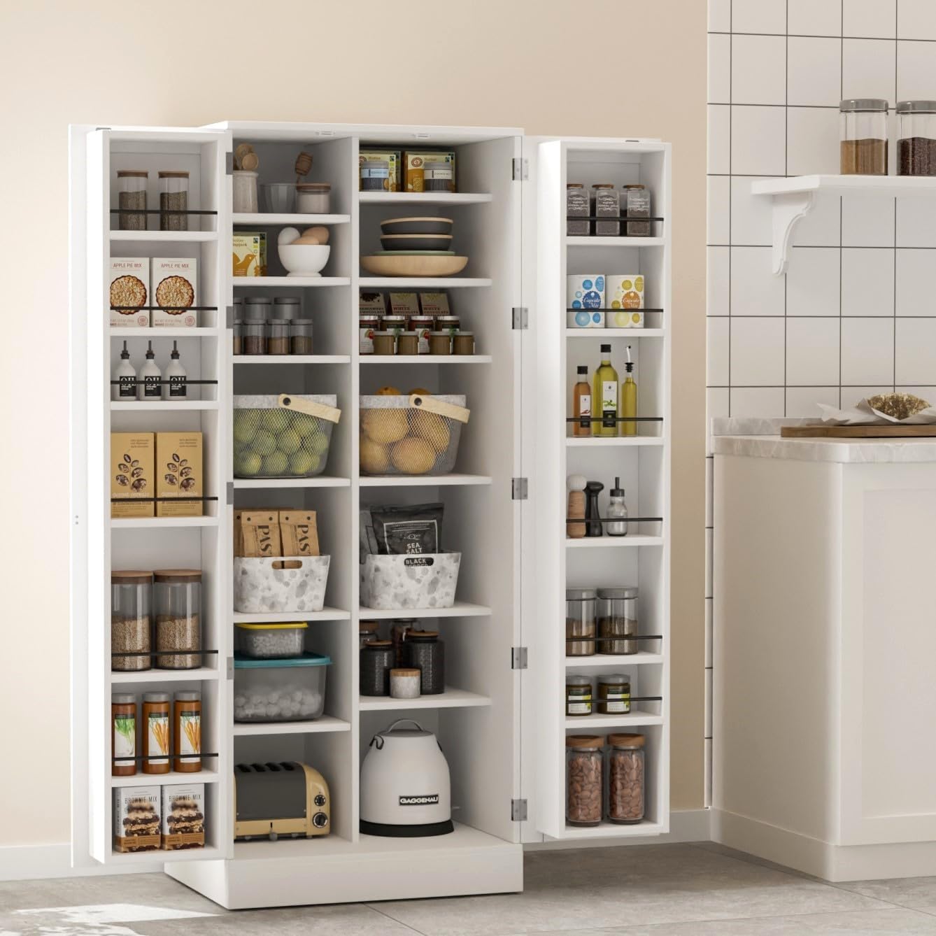 VINGLI Pantry Cabinet,Tall White Kitchen Storage Cabinet with 2 Doors and Adjustable Shelves, 59" H Food Storage Freestanding Cupboard for Small Space in Dining Room, Living Roomโฆ