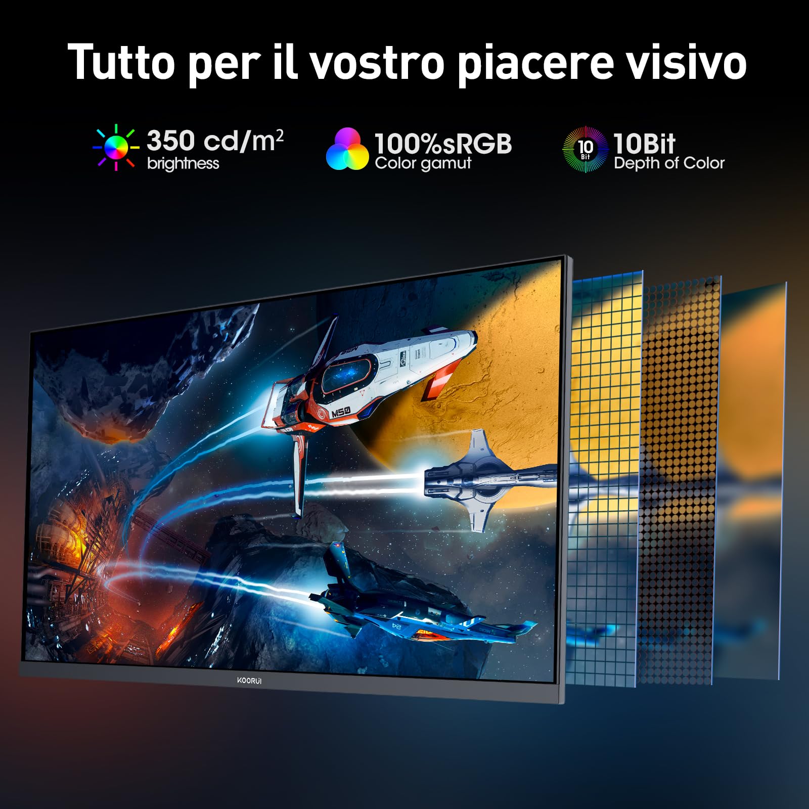 KOORUI G2741L Monitor Gaming 27 Pollici, 4K UHD, 160Hz/320Hz, HDR400, Fast IPS, 1ms, Adaptive Sync, regolabile, HDMI 2.1 * 2+DP 1.4, VESA 75x75mm