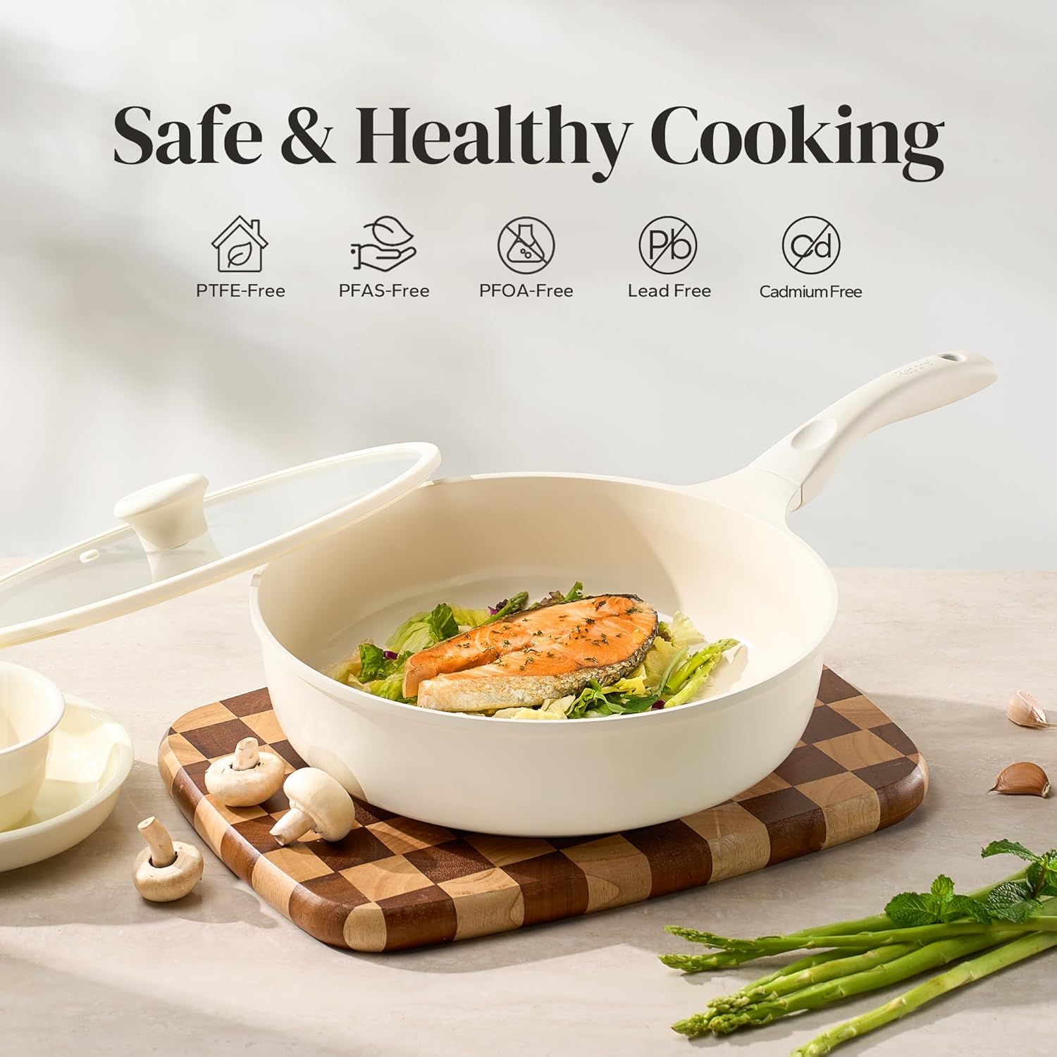 Redchef Nonstick Frying Pan with Lid, Ceramic Saute Pan Skillet, PFOA PFOS Free, Induction Compatible, Stay-Cool Helper Handle, Tempered Glass Cover, Dishwasher Safe, Beige