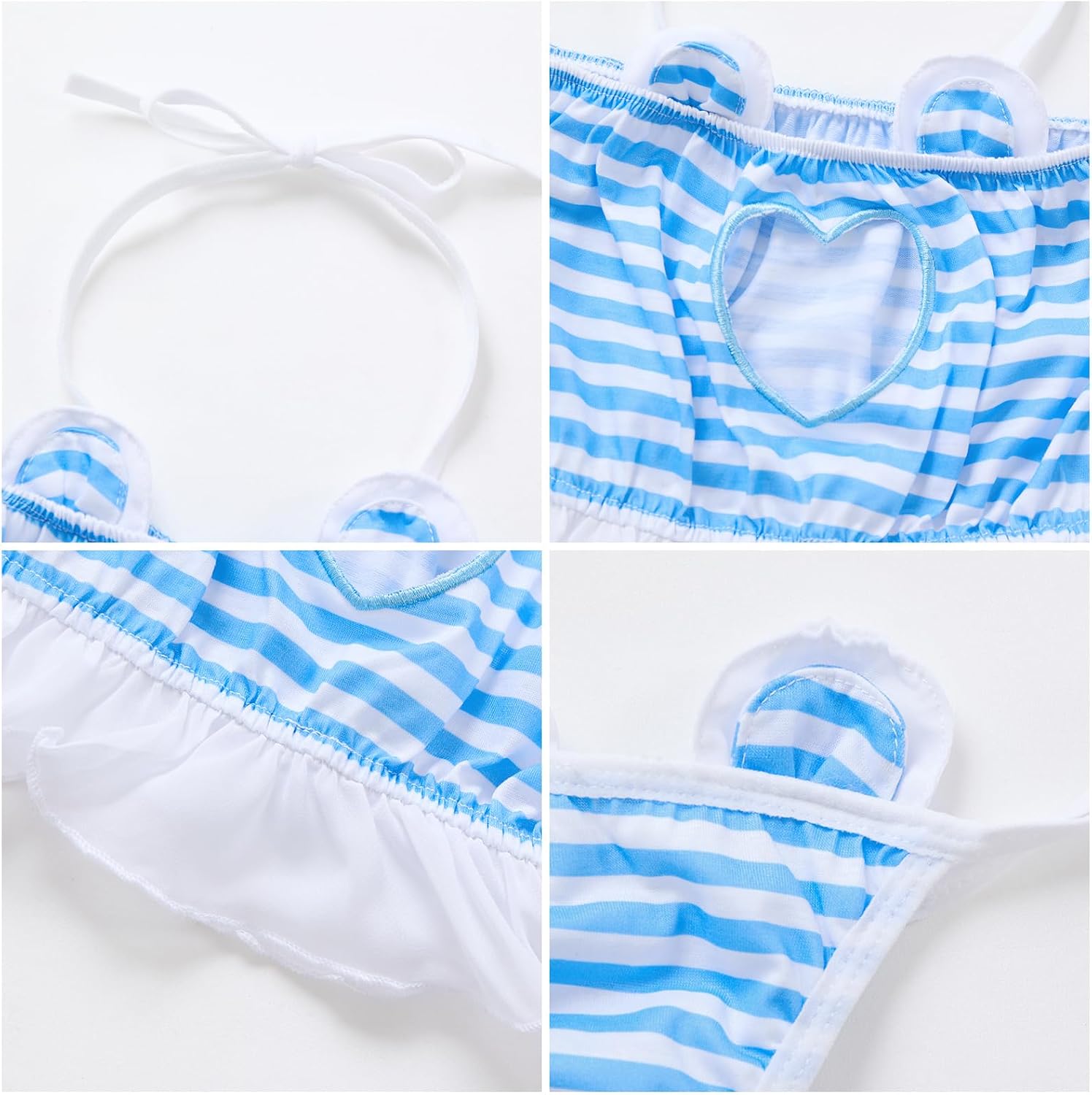ABAFIP Women's Cute Anime Lingerie Halter Strap Cutout Bra Top Tiny Panty Kawaii Stripe Underwear set