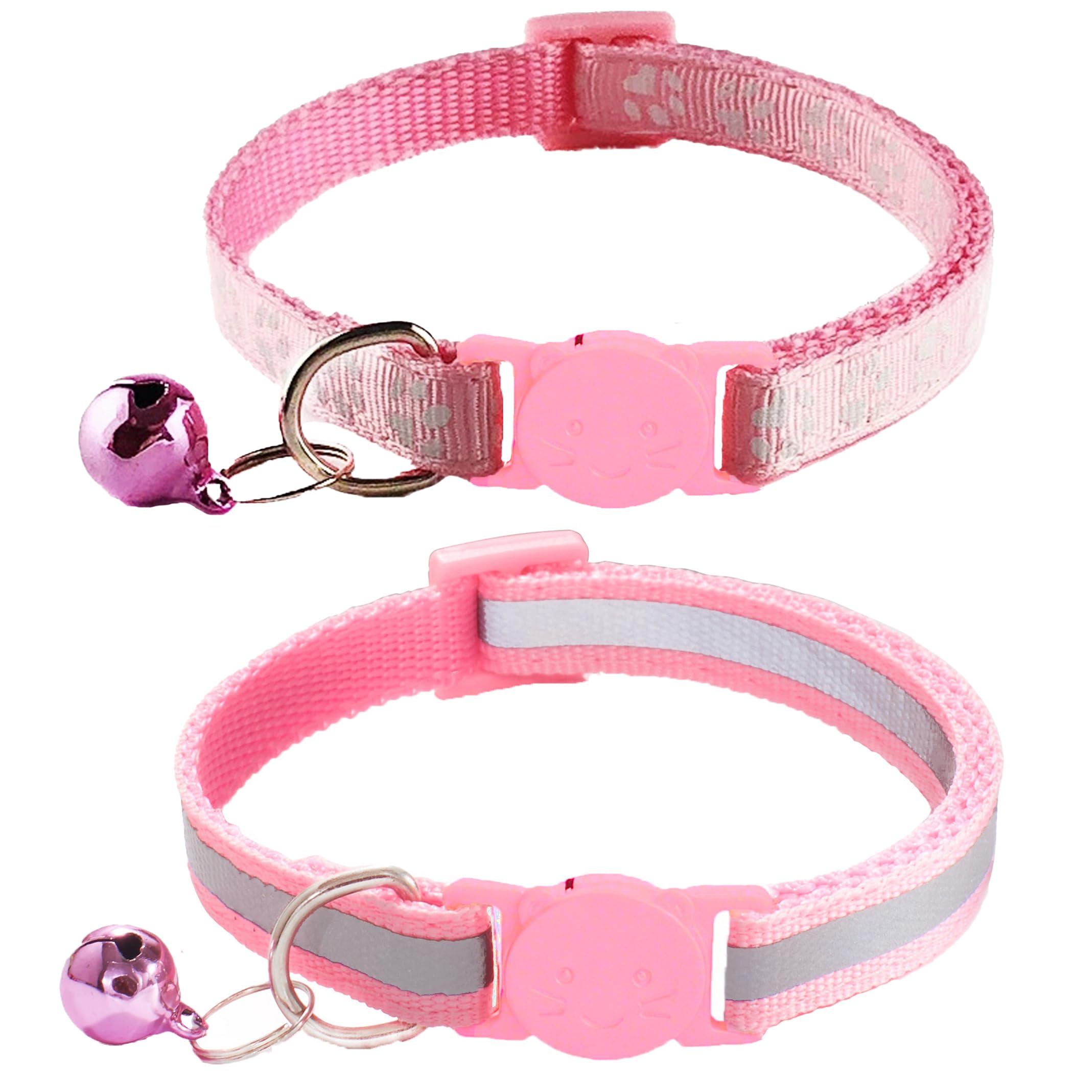 2 Pack Breakaway Cat Collars with Bells, Reflective Design and Claw Print Design, Safety Buckle, Adjustable 7.5-12.5 Inches for Kittens & Cats (Pink)