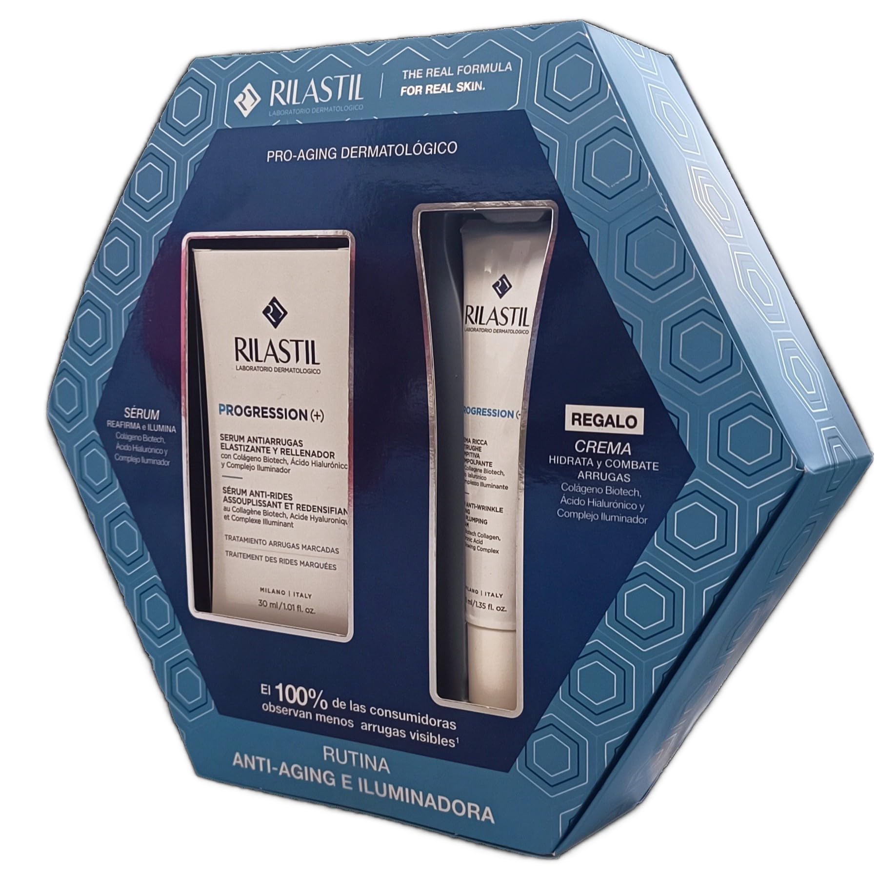 Rilastil - Progression (+) Sérum Antiarrugas, Reafirma e Hidrata, con Colágeno y Ácido Hialurónico, 30 ml + Progression (+) Crema Rica Antiarrugas, Reafirma, 40 ml