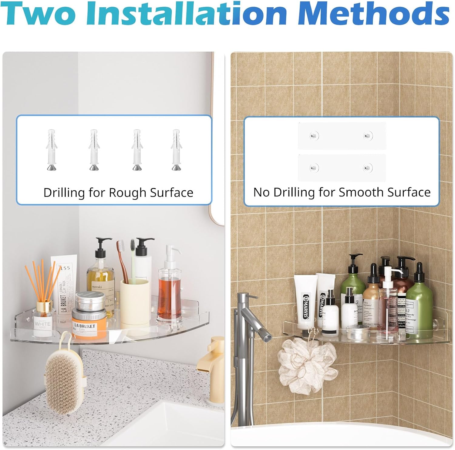 2 Pack Acrylic Corner Shower Caddy, Clear Corner Shower Shelf with 4 Hooks, Adhesive Wall Mounted Bathroom Shower Shelf Organizer for Inside Shower & Kitchen Storage - Image 5