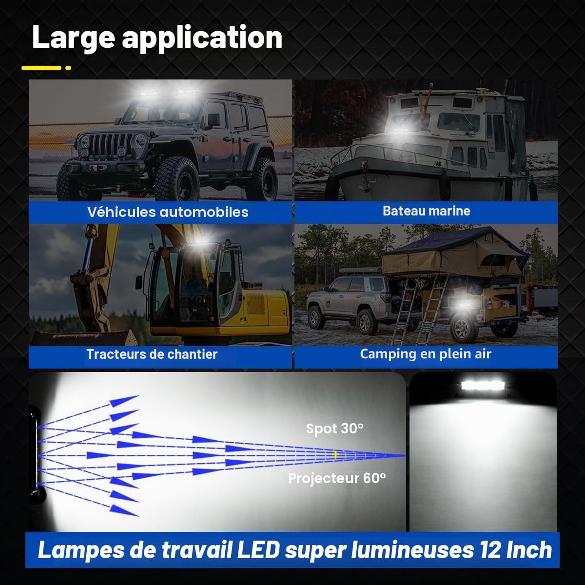 Magnetic Light Bar Barre lumineuse magnétique, 30,5 cm, portable, pour allume-cigare, aimants puissants super lumineux, lampe de travail LED réglable sur 4 positions pour 4 x 4 véhicules