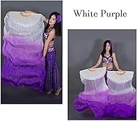 Vista 2 de 1 par de velos de seda hechos a mano para danza del vientre, abanicos largos de bambú para bailar (70.9 x 35.4 in, color blanco y morado)