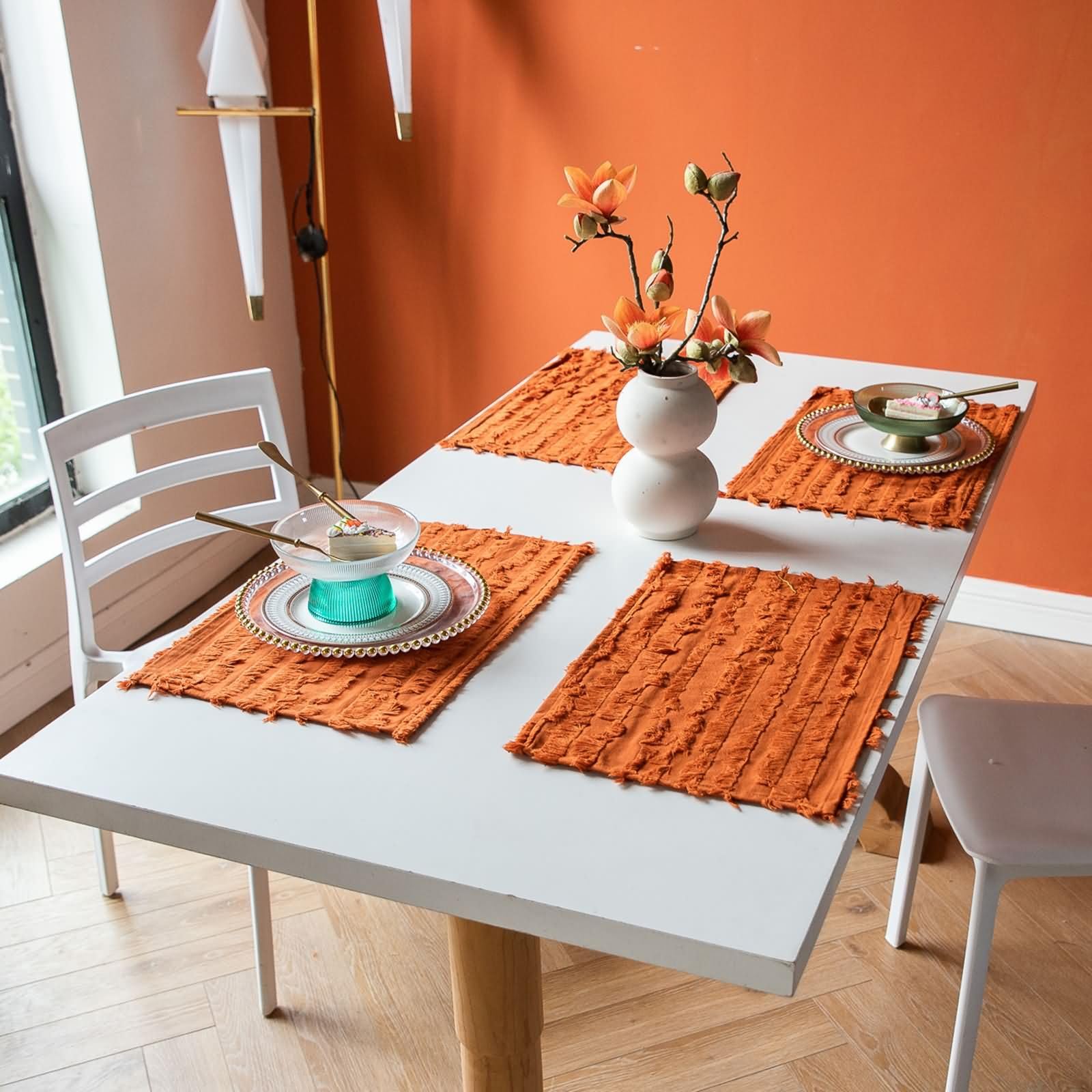 Set de Table Rectangulaire, 30 x 45 CM, 6PCS, Set de Table Coton Lin Rayures Découpées Style Française, Orange