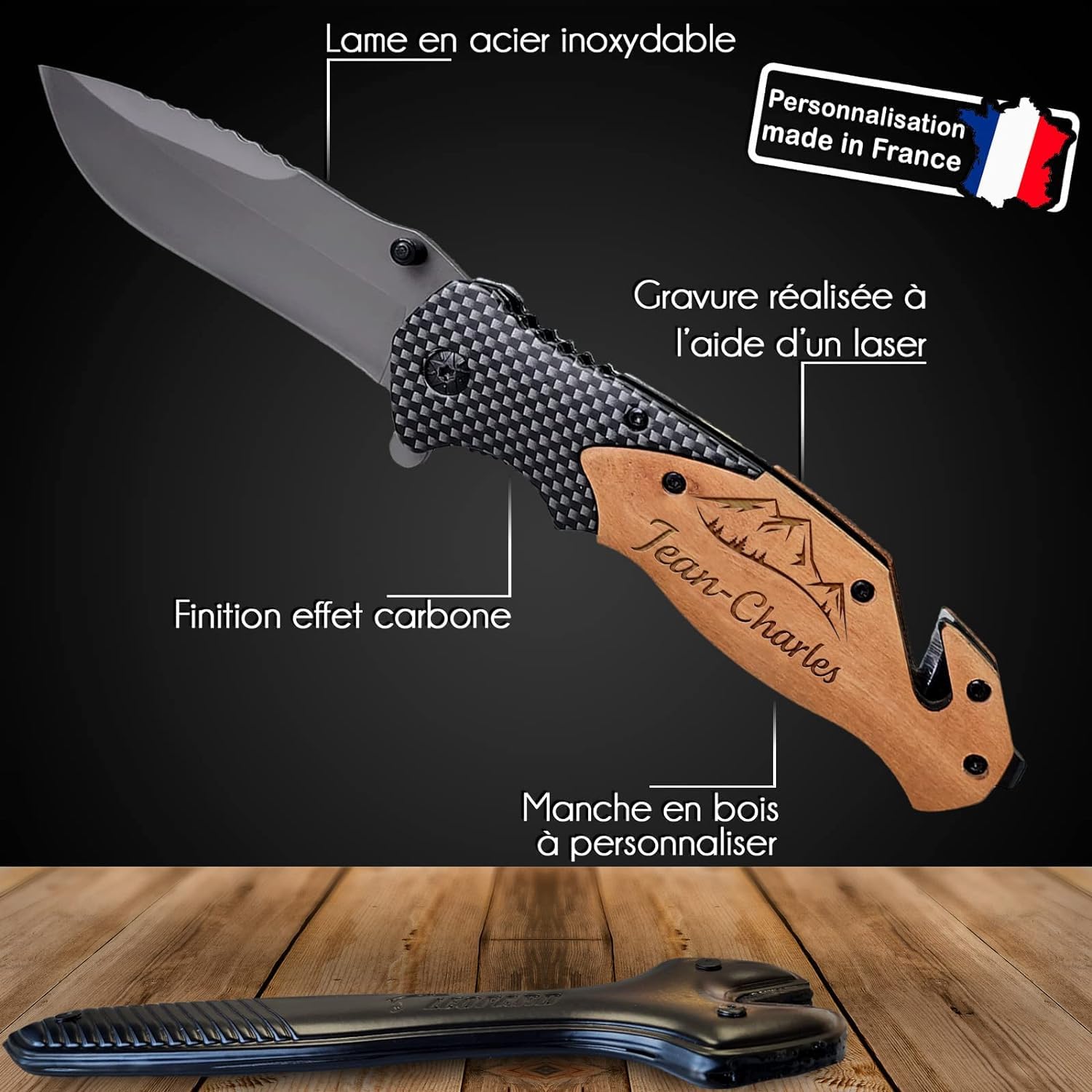 Couteau de survie personnalisé gravé avec prénom - Lame sécurité personnalisable - Manche en bois - Effet carbone - Cadeau Saint-Valentin homme