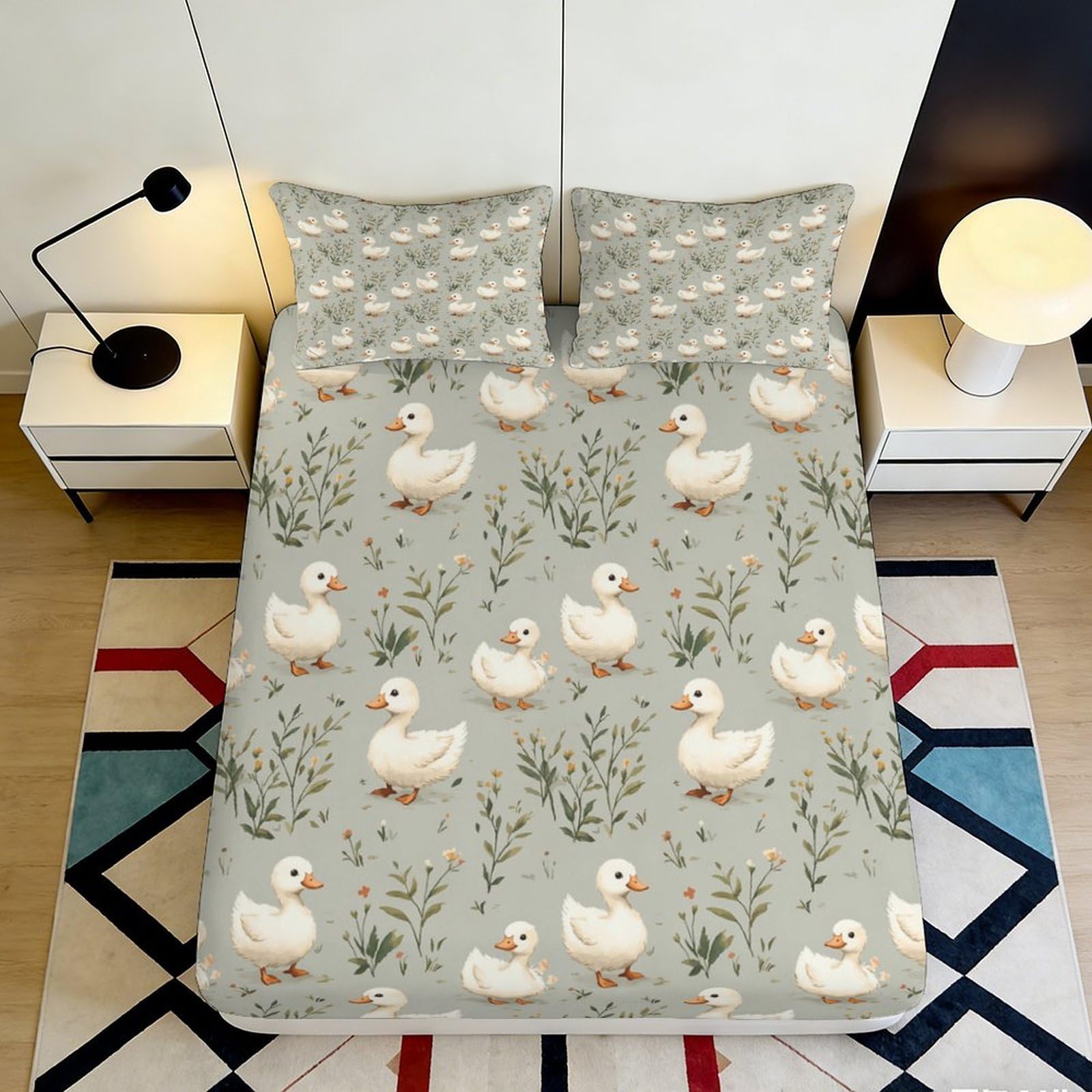 Pnayamiorkfel Style-9 3D Printed Duck Meadow Fitted Sheet Microfiber Soft Anti-Slip Bed Cover For Bedroom Guest Room Decor Easy Care 90X200x25cm