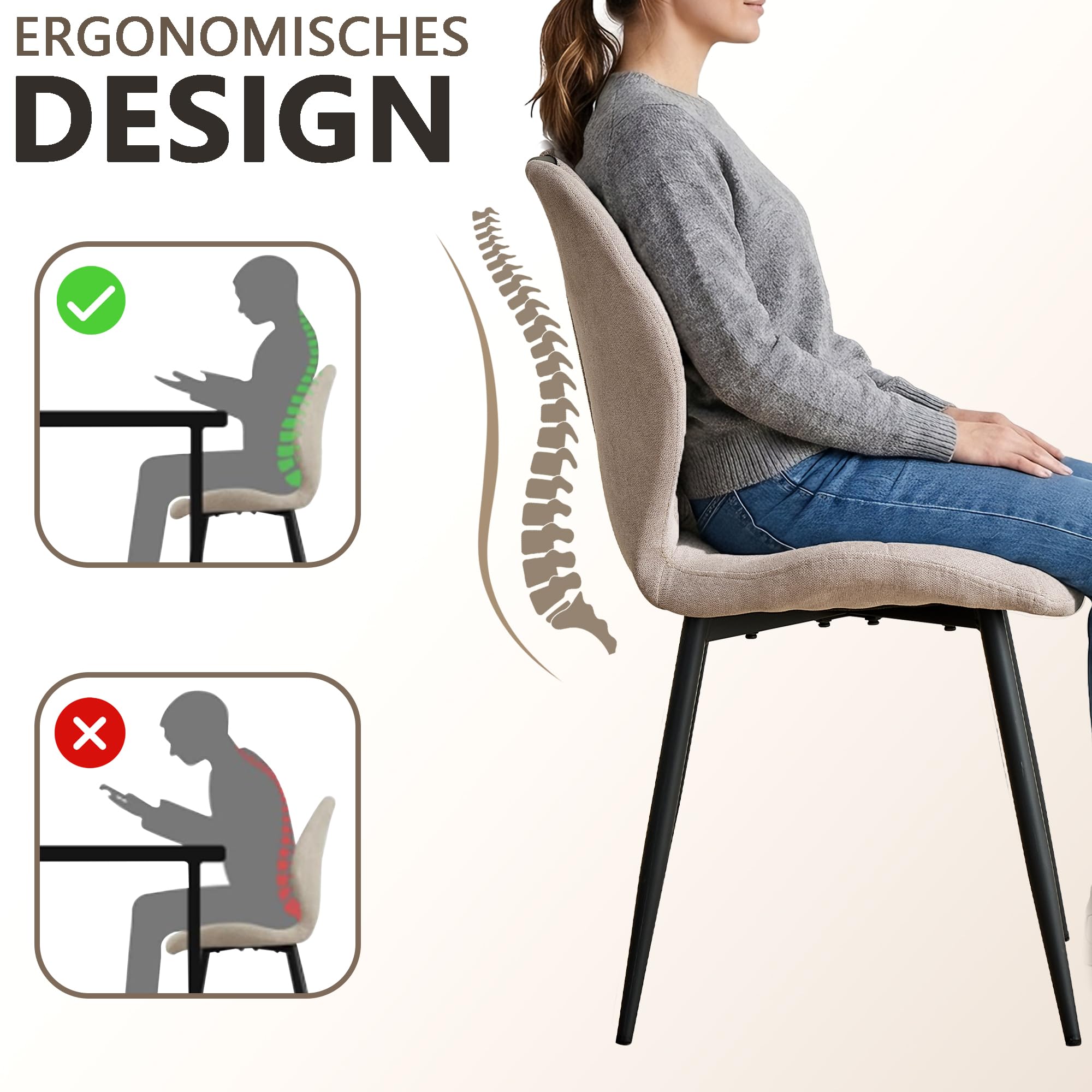 GrandCA HOME 6er-Set Esszimmerstühle, nordische Küchenstühle mit Griffen, für Esszimmer, Wohnzimmer, Metallbeine und Polsterung mit Rautenmuster (Beige)