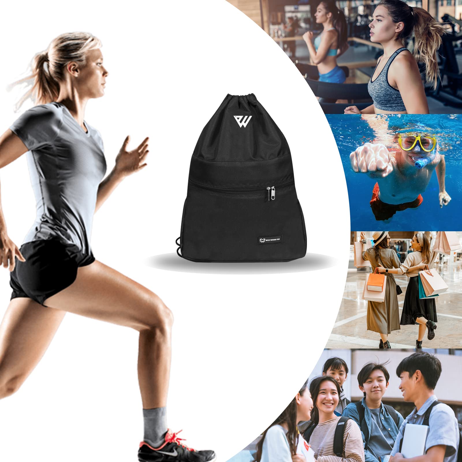 WESTWOOD FOX Torba ze sznurkiem, wodoodporna torba sportowa z tkaniny typu oxford, unisex, duża, sportowy plecak ze sznurkiem, idealna do szkoły, podróży, pływania, wakacji, (Black)