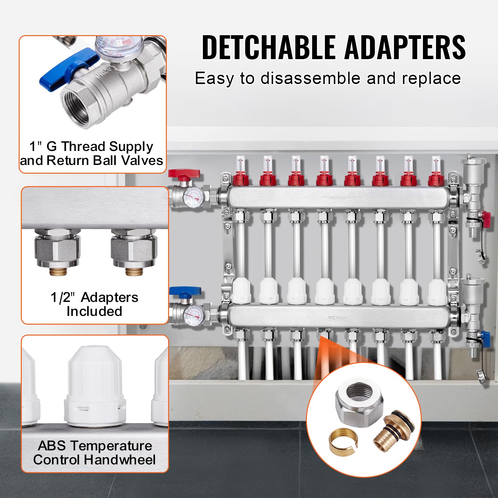 VEVOR Colector de Calor Radiante de 8 Derivaciones, Colector de Tubería PEX de Acero Inoxidable SUS304 para Calefacción por Suelo Radiante Hidrónico, con Adaptadores, 590 x 370 x 110 mm, 0-5 L/min