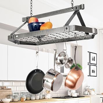Enclume Decor Retro Rectangle Ceiling Rack with Grid, Hammered Steel