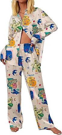 Ekouaer Womens Satin Silky Pajama Set 2 Piece Print PJs Soft Loungewear Button Down Sleepwear with Elastic Waist Long Pants