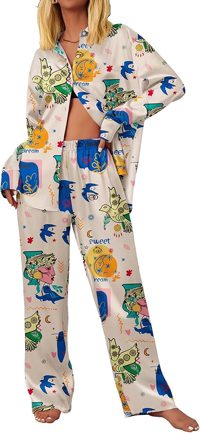 Ekouaer Womens Satin Silky Pajama Set 2 Piece Print PJs Soft Loungewear Button Down Sleepwear with Elastic Waist Long Pants