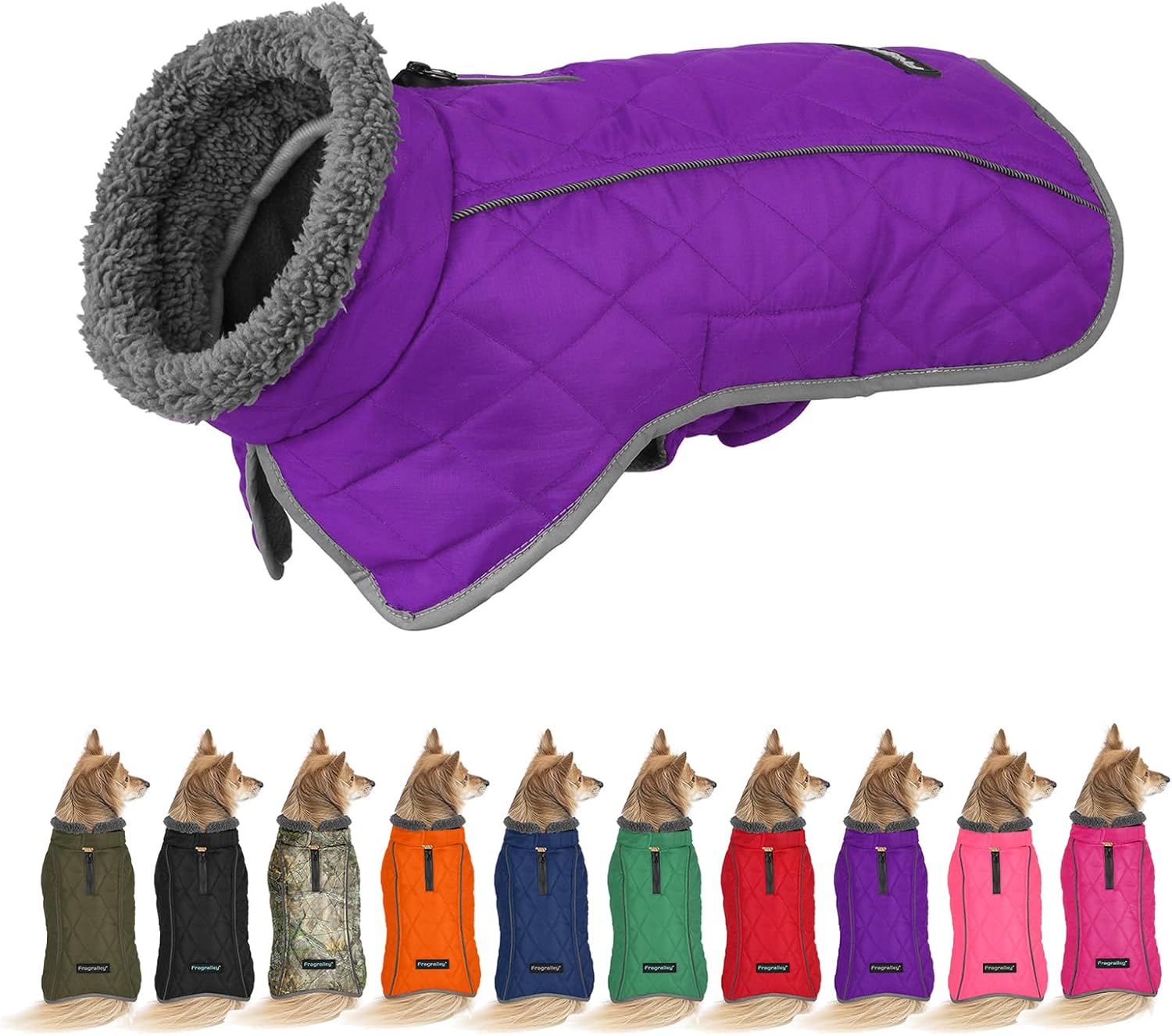 Fragralley Dog Coat Medium, Waterproof Dog Jacket with Warm Fleece Lining, Adjustable Reflective Dogs Winter Coat, Turtleneck Pet Coats for Cold Weather (Purple M)