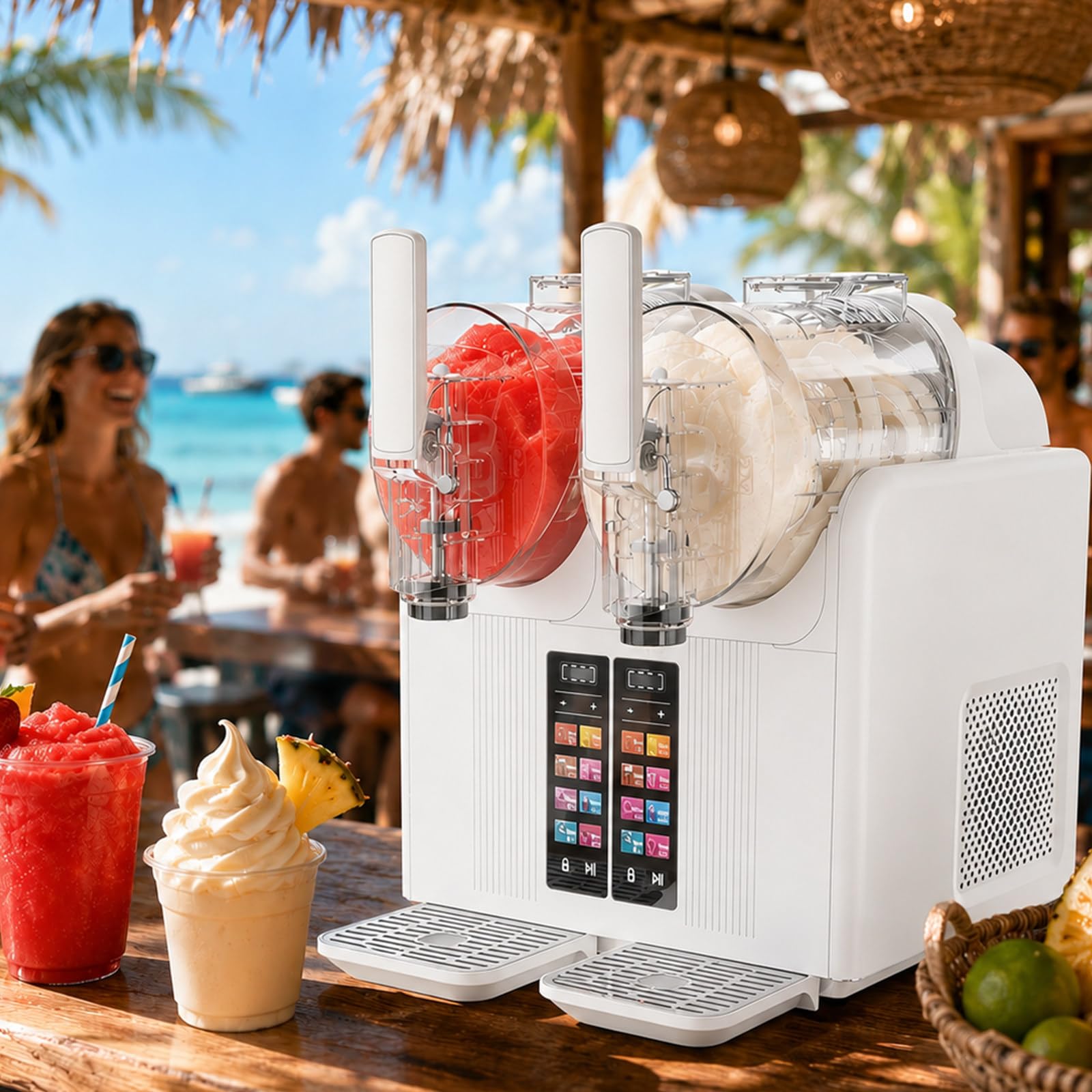 Granizadora Profesional y Máquina de Helado Soft 2 en 1, Máquina de Granizados de Sobremesa con 2 Tanques, Dispensador Eléctrico Táctil para Sorbete y Batido, Hogar y Cafetería White