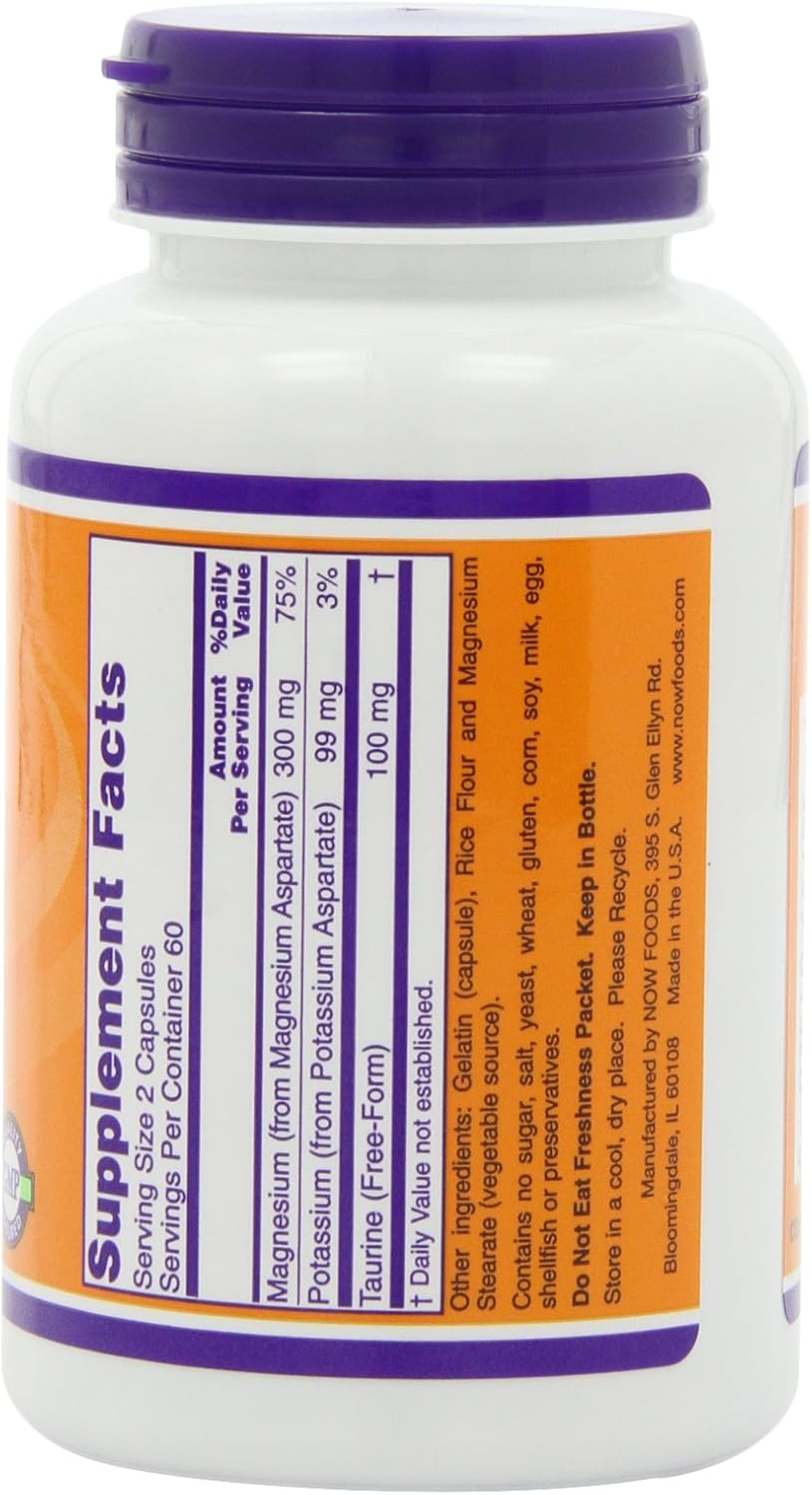 NOW Magnesium and Potassium Aspartate W/ Taurine, 120 Capsules (Pack of 2)