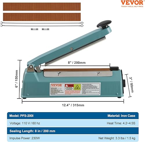 Miniatura 7 de VEVOR Sellador de impulso de 8 pulgadas, máquina de sellado térmico manual con modo de calefacción ajustable, selladores de bolsas de envoltura