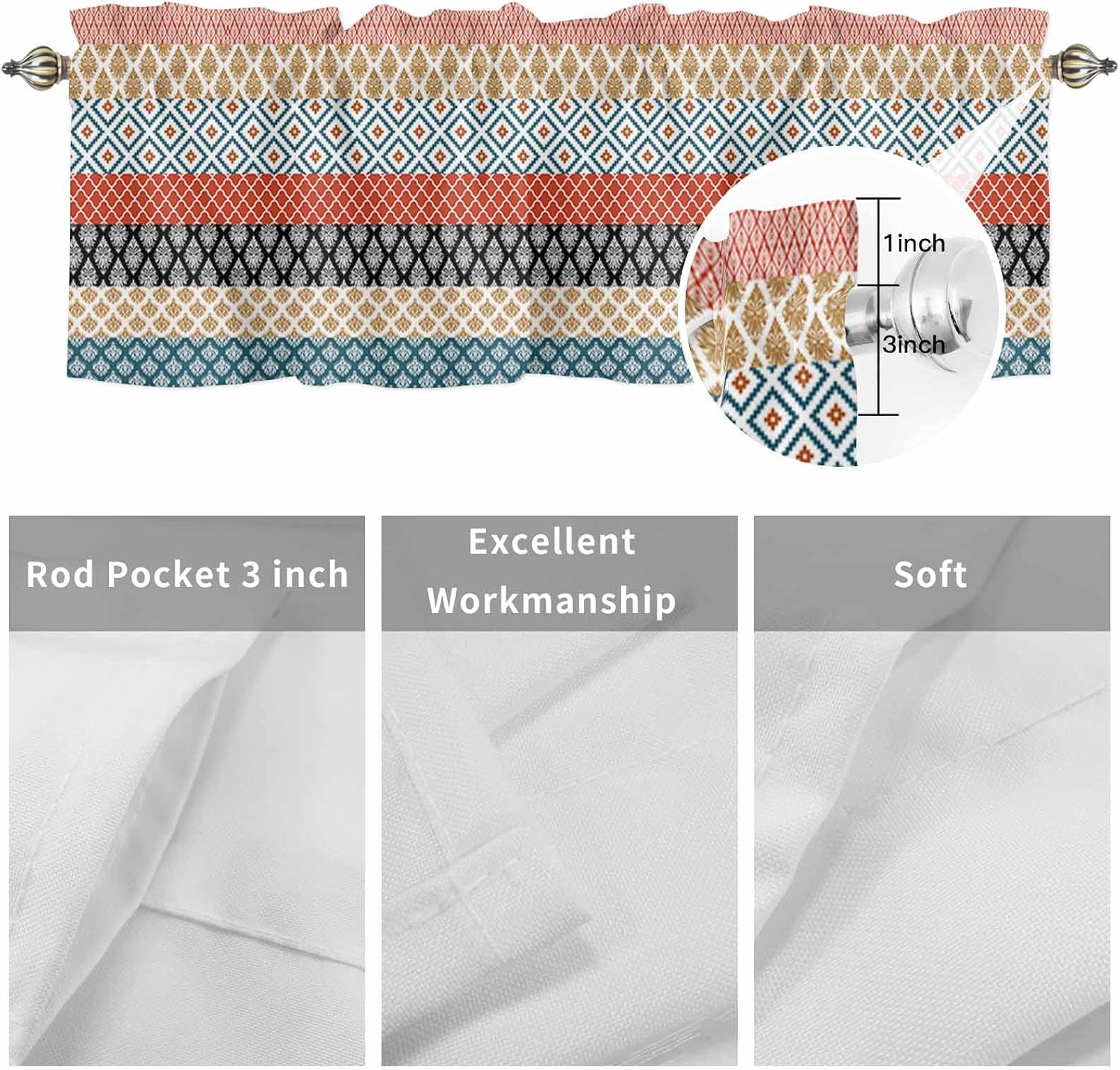 Curtain Valance for Windows Boho Stripe Tribal Vintage Rod Pocket Valance Window Treatments Bohemian Style Pattern Short Curtains for Kitchen Windows Living Room Bedroom Decor 54x18in