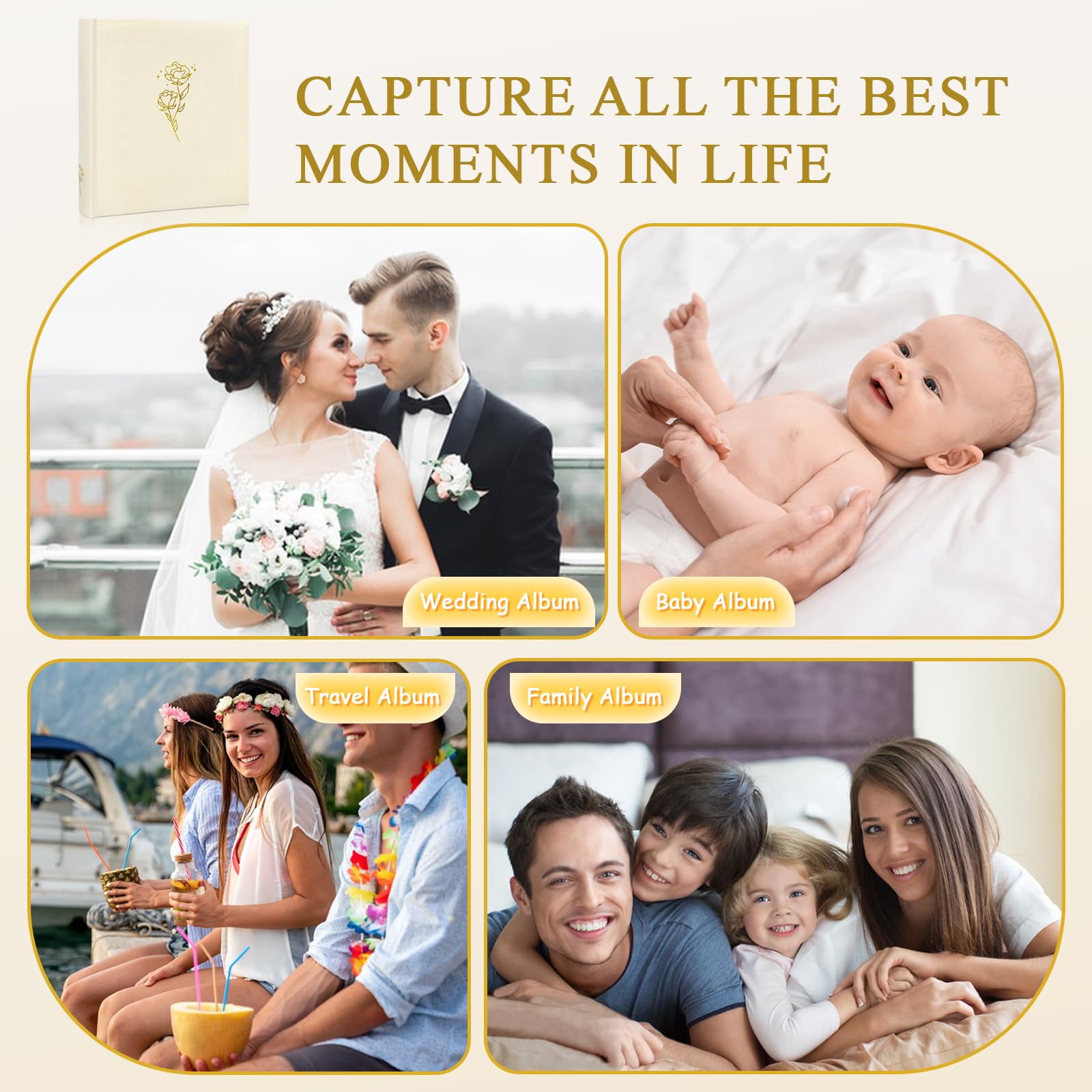 JTB - Álbum de recortes sin ácidos, organizador de fotos de bricolaje con diseños flexibles para fotos de 3 x 5 a 8 x 10 pulgadas, libro de recuerdos de boda y bebé, diario familiar creativo