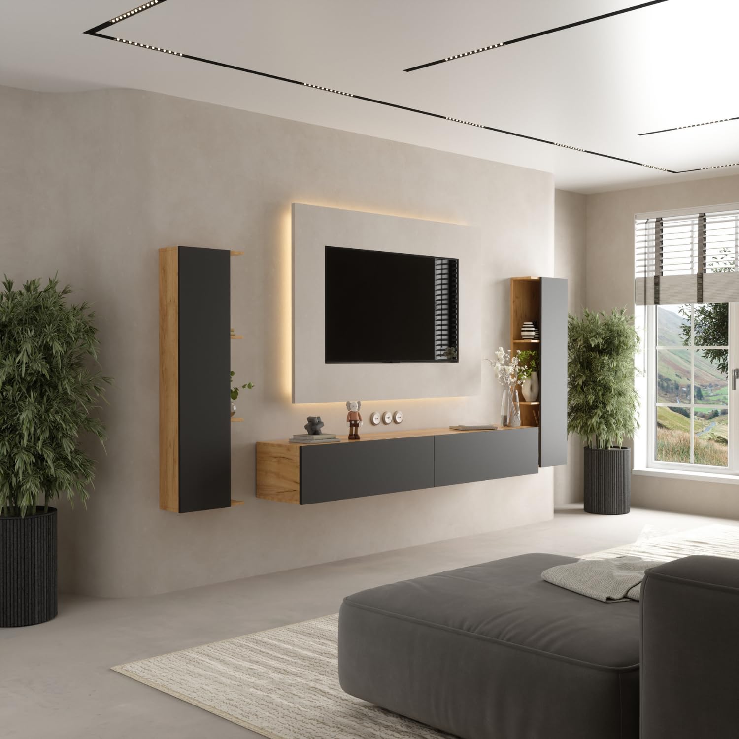 Planetmöbel TV Wohnwand Wohnzimmer 2X 100 cm Gold Eiche/Anthrazit, mit 2X 40cm Seitenschränken Gold Eiche/Anthrazit