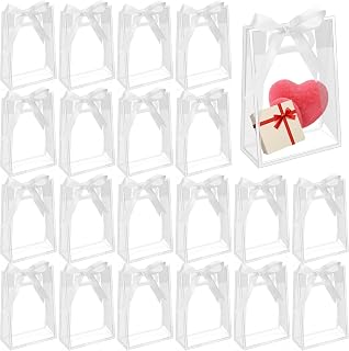 SHENLIU 24 Pcs Clear Plastic Gift Bag with Die Cut Handles & Ribbon | Reusable PP Favor Bag for Christmas Wedding Bridal Birthday Baby Shower Party Small Business, 7x10x3.15 Inch (White)