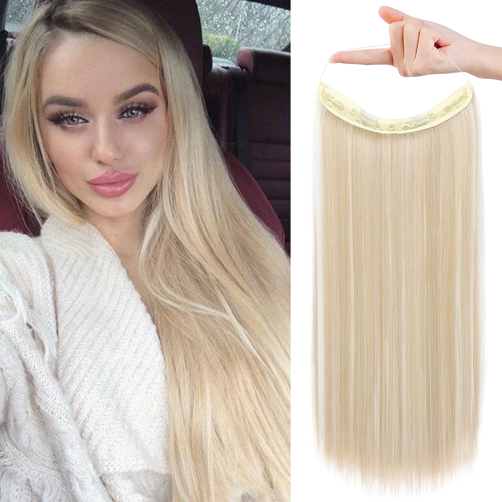 REECHO Invisible Wire Hair Extensions with Transparent Headband Adjustable Size Removable Secure Clips in Straight Secret Hairpiece for Women (24 Inch