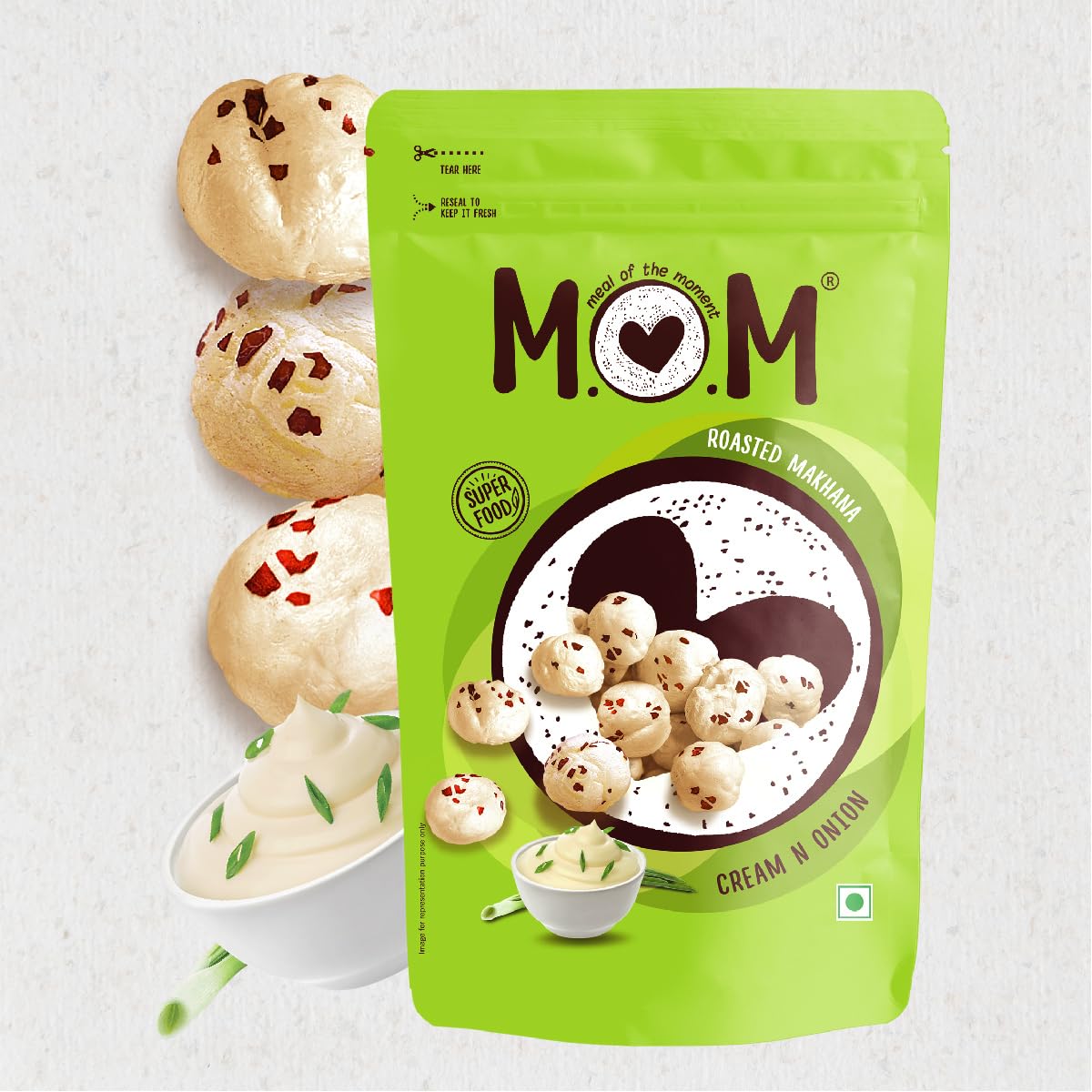 MOM - Meal of the Moment, Roasted Makhana Pack of Tomato Achaari, Cheddar Cheese, and Cream N Onion, 52g - Gluten Free | Anti Oxidants | MSG Free | Zero Trans Fat | No added Preservatives and No Artificial Flavours - Image 6 thumbnail
