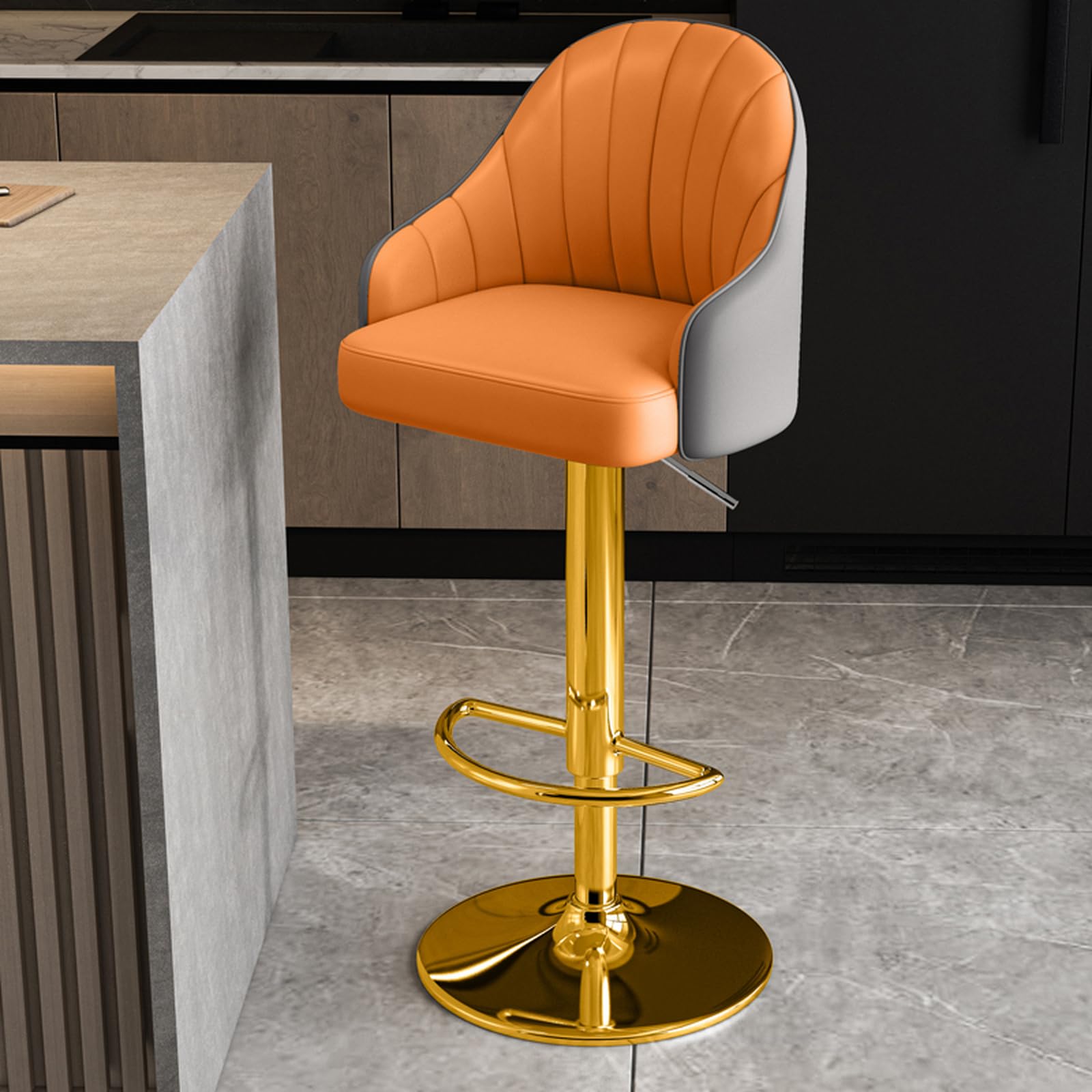 Tabourets de bar haut de gamme chic couleur orange et cadre gold brillant