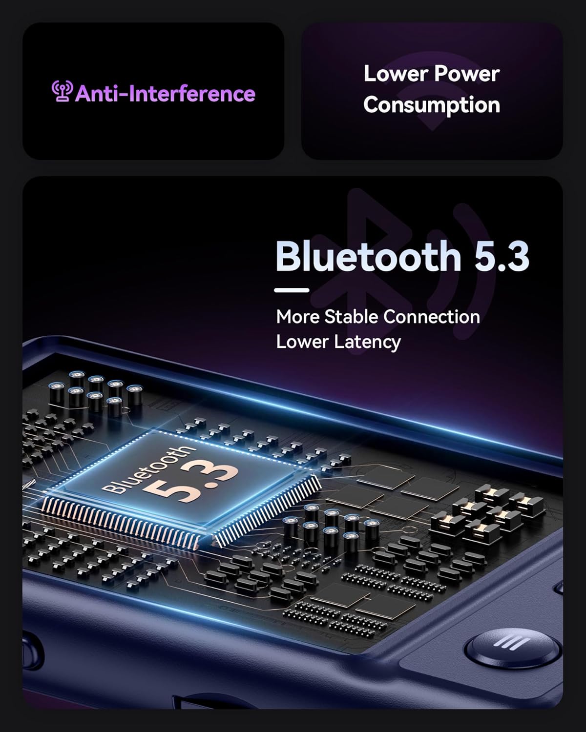 Graphic showing the Bluetooth 5.3 chip and its benefits like stable connection and lower latency.