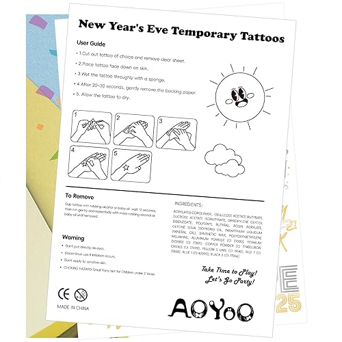Miniatura 7 de Suministros para fiesta de Nochevieja 2025 tatuajes temporales – 40 estilos de purpurina, tatuajes negros y dorados metálicos, recuerdos de fiesta