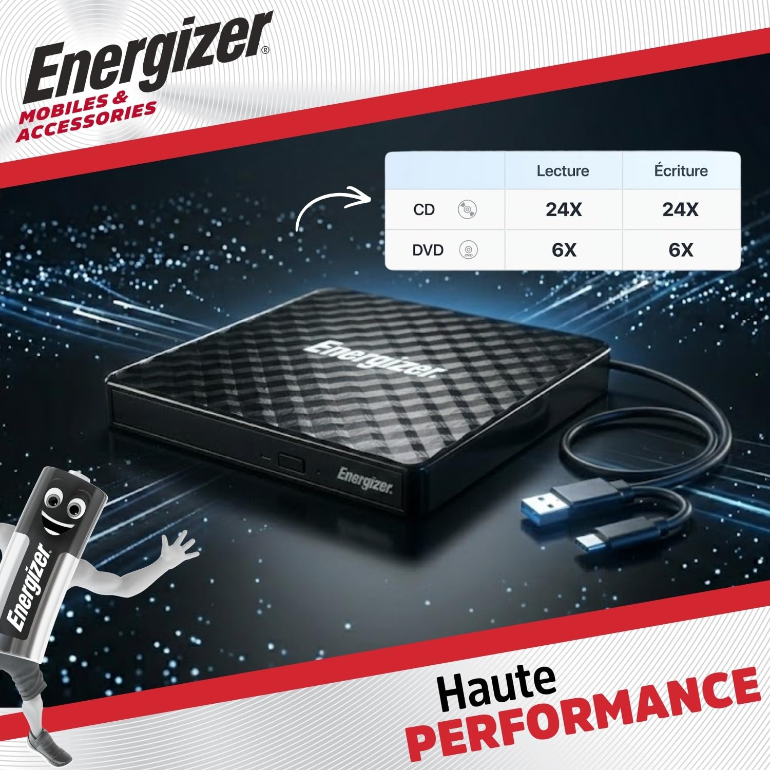 Energizer - Lecteur Graveur DVD Externe USB 3.0 & Type-C - Haute Vitesse 5Gbps - Plug & Play pour PC, MacBook & Windows - Compatible CD-RW, DVD±RW - Design Fin & Noir