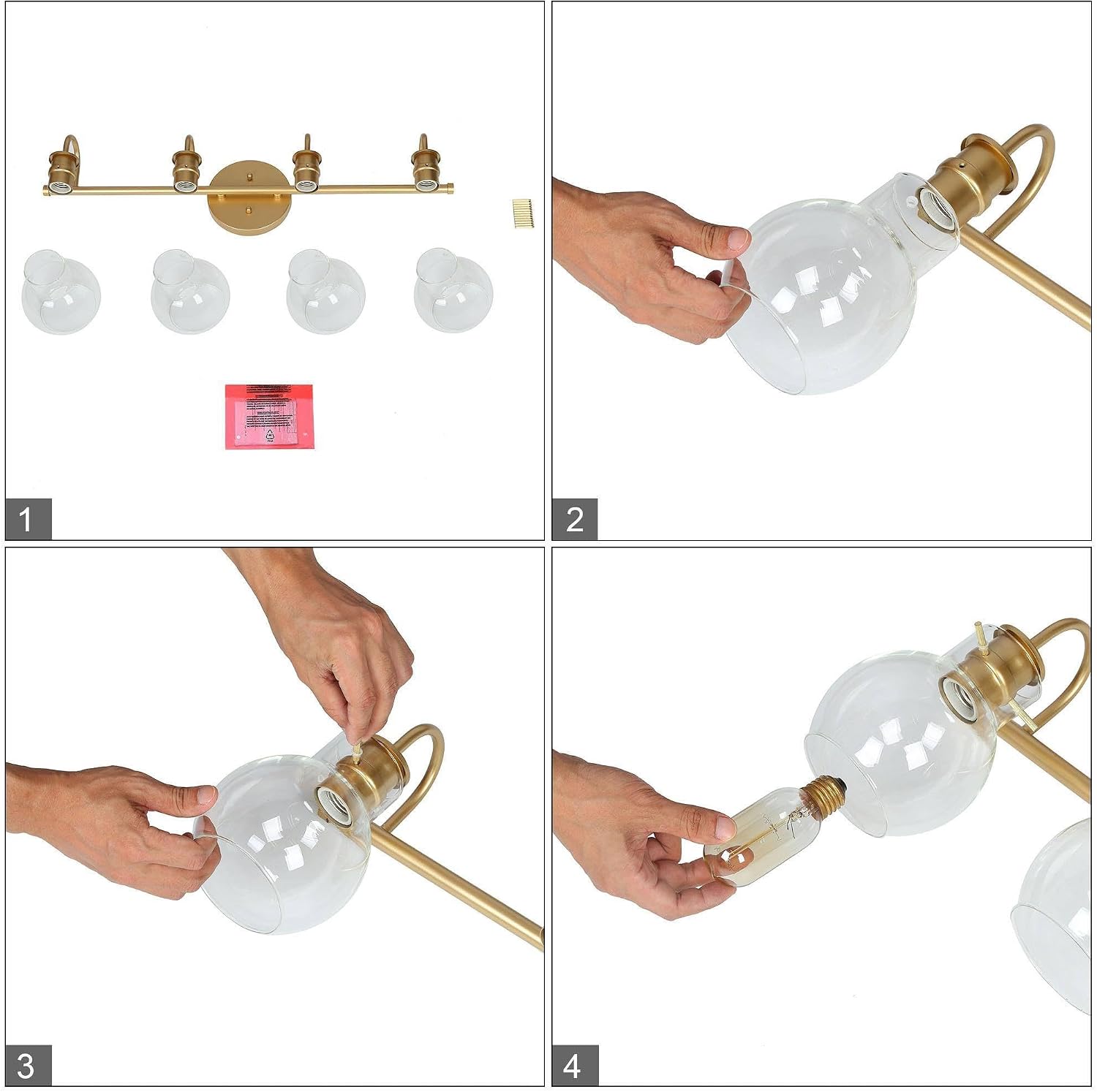 LALUZ Bathroom Light Fixtures, 4-Light Gold Bathroom Vanity Light with Globe Clear Glass, Modern Vanity Lights for Bathroom, Powder Room