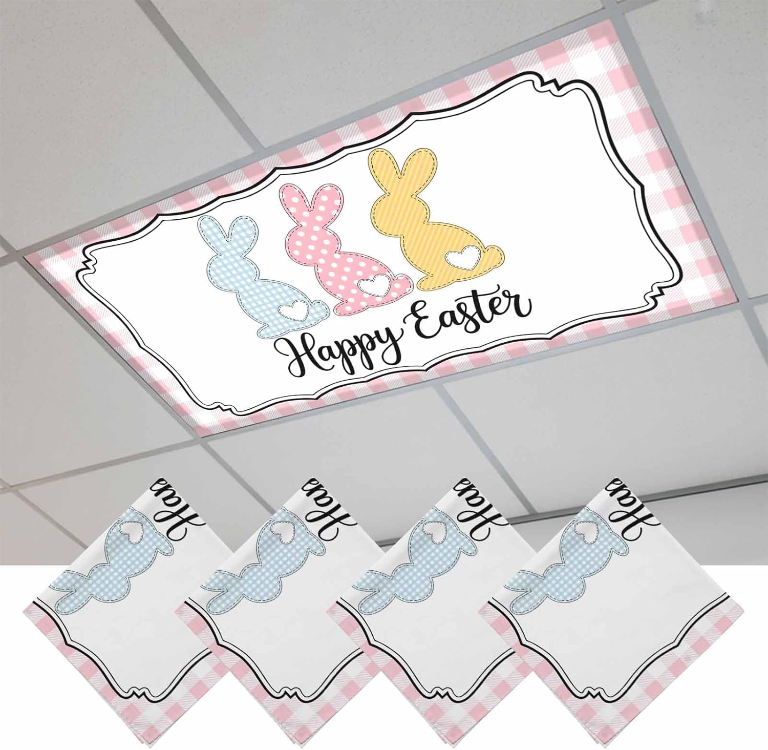 Happy Easter Fluorescent Light Covers for Ceiling Lights 4x2 feet,4 Pack Magnetic Light Filters for Classroom,Cute Lovely Colorful Rabbits Silhouette Pink Checkered Fluorescent Lamp Shade Panel